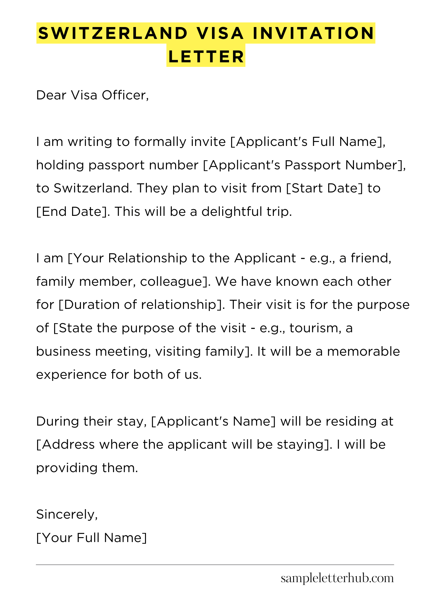 Switzerland Visa Invitation Letter