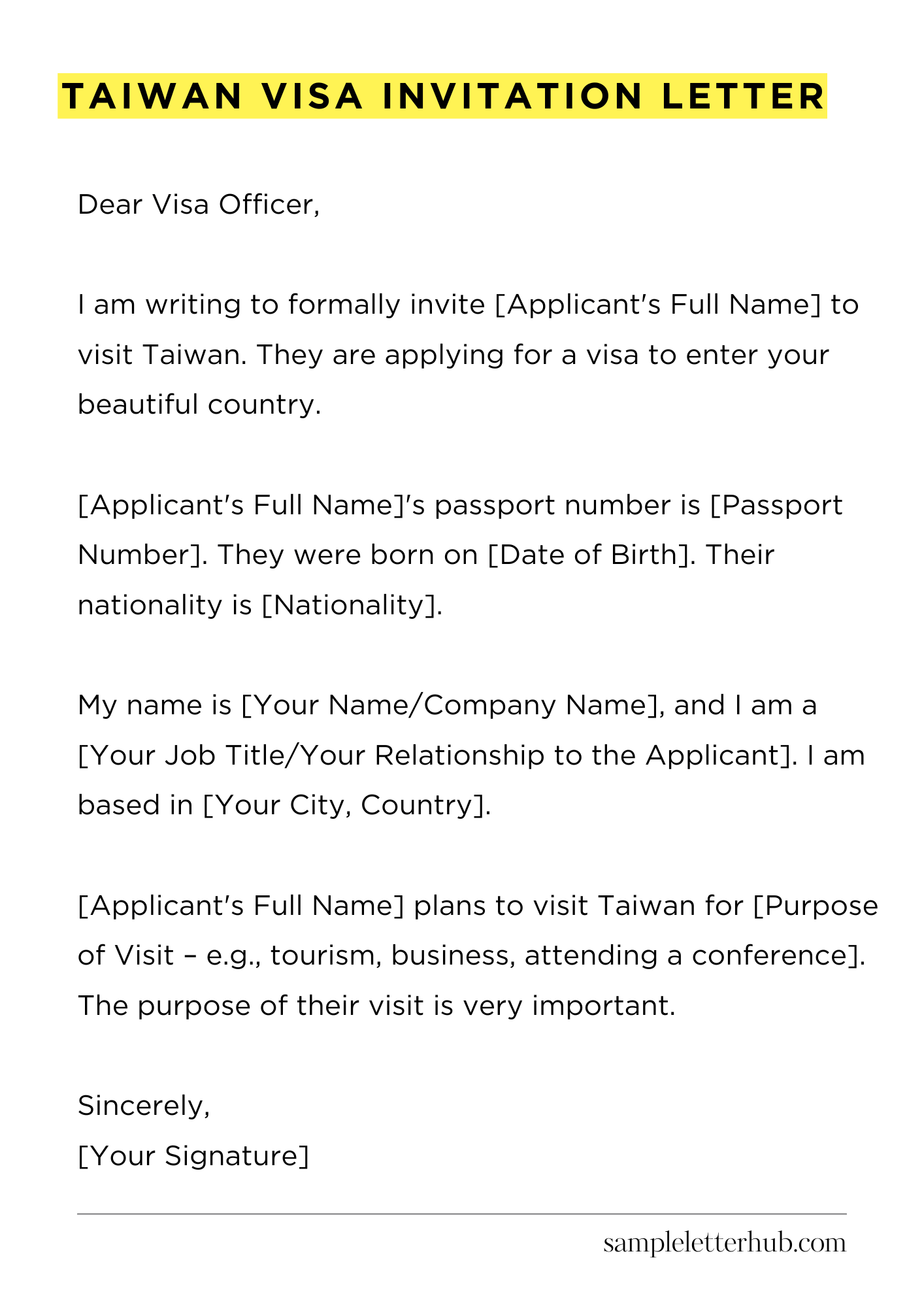 Taiwan Visa Invitation Letter