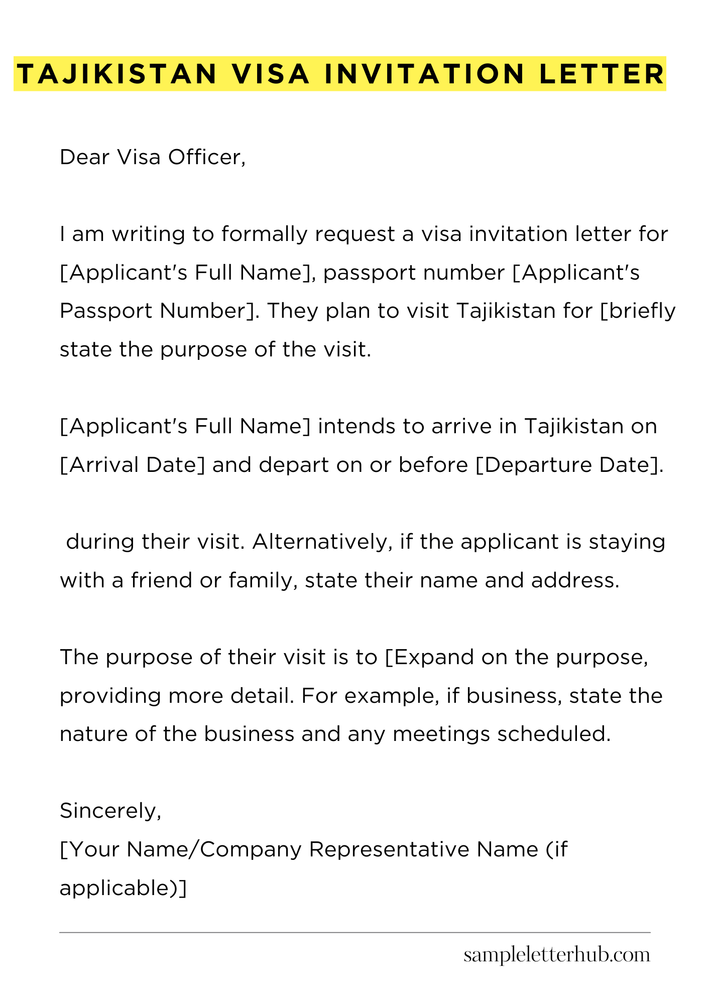Tajikistan Visa Invitation Letter