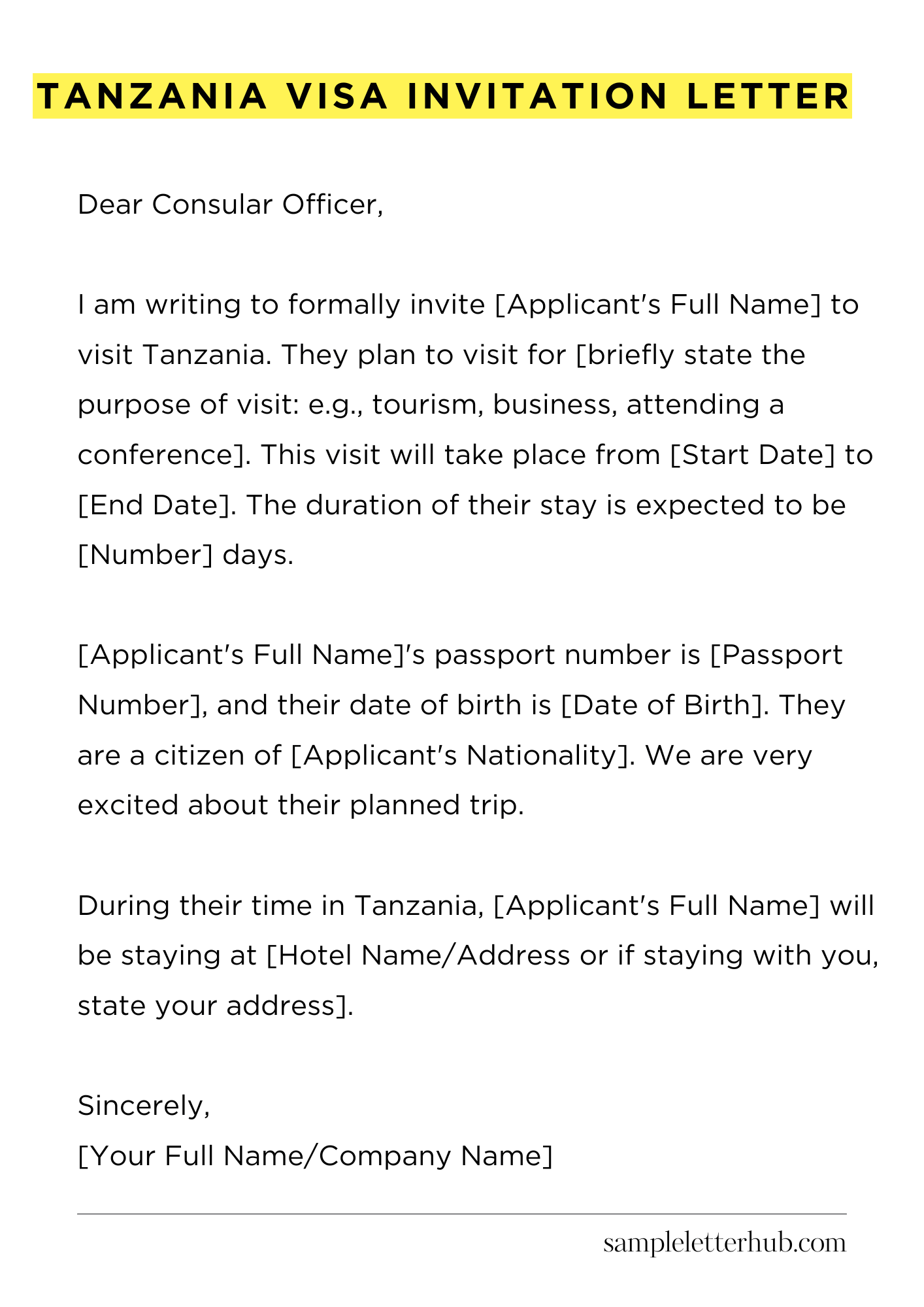 Tanzania Visa Invitation Letter