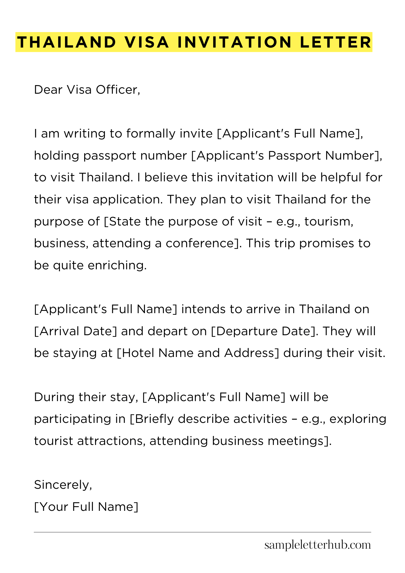 Thailand Visa Invitation Letter