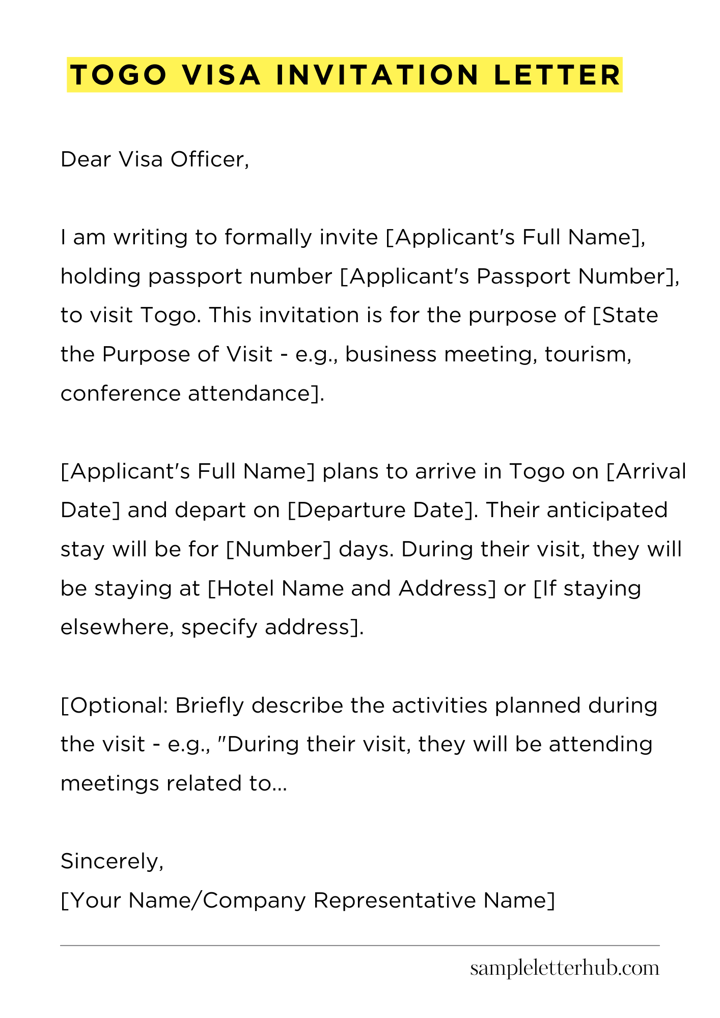 Togo Visa Invitation Letter