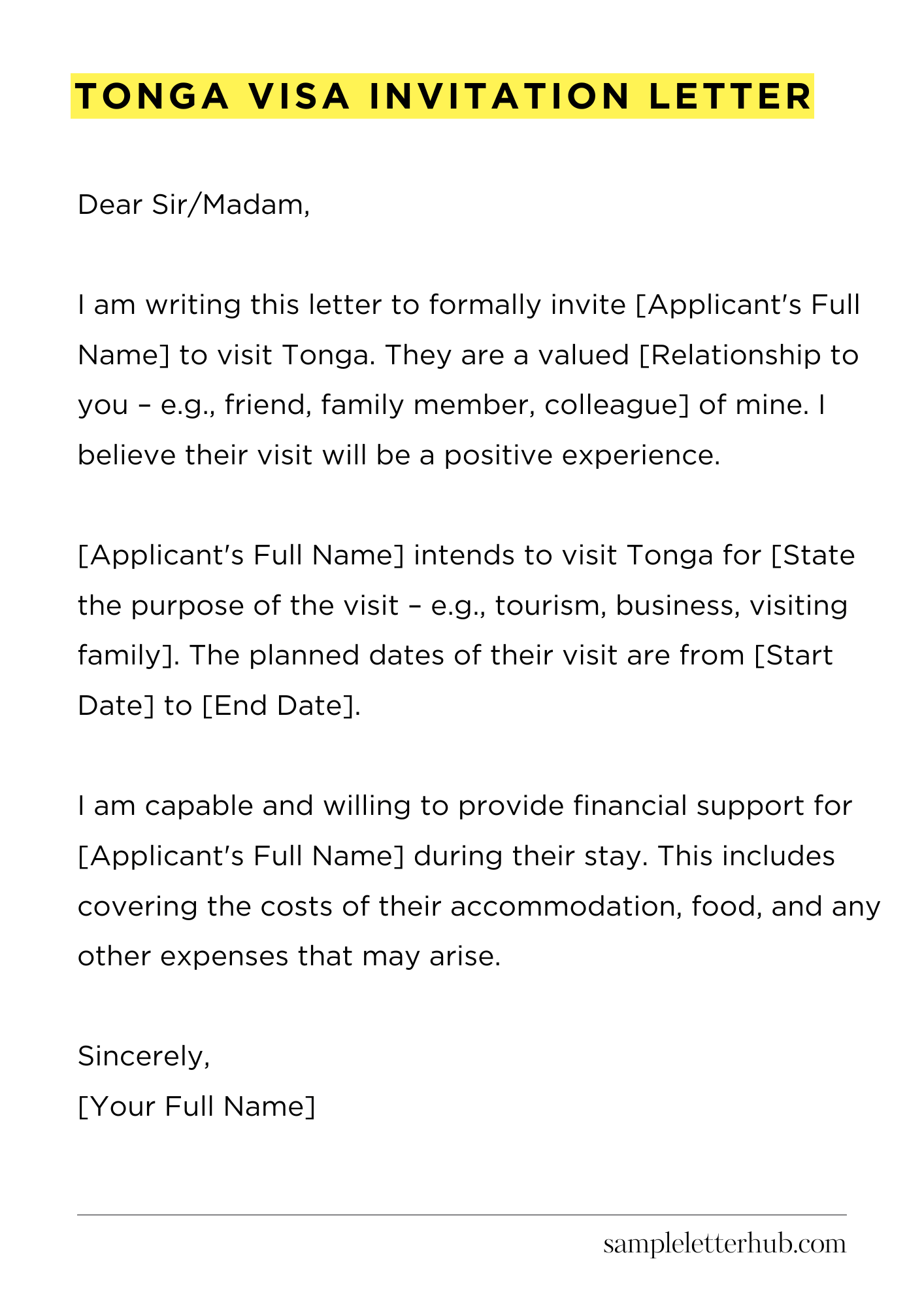 Tonga Visa Invitation Letter