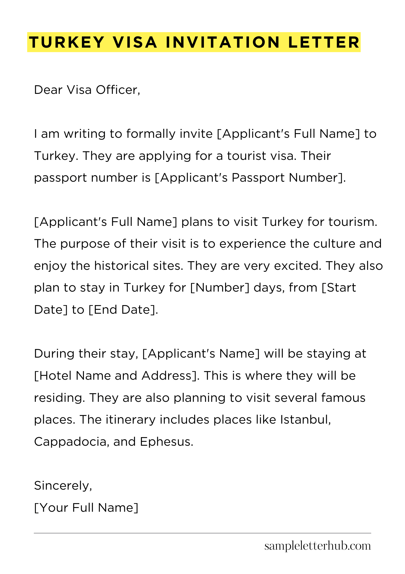 Turkey Visa Invitation Letter