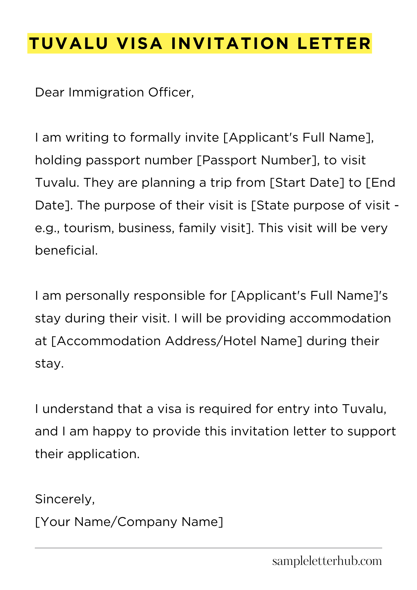Tuvalu Visa Invitation Letter