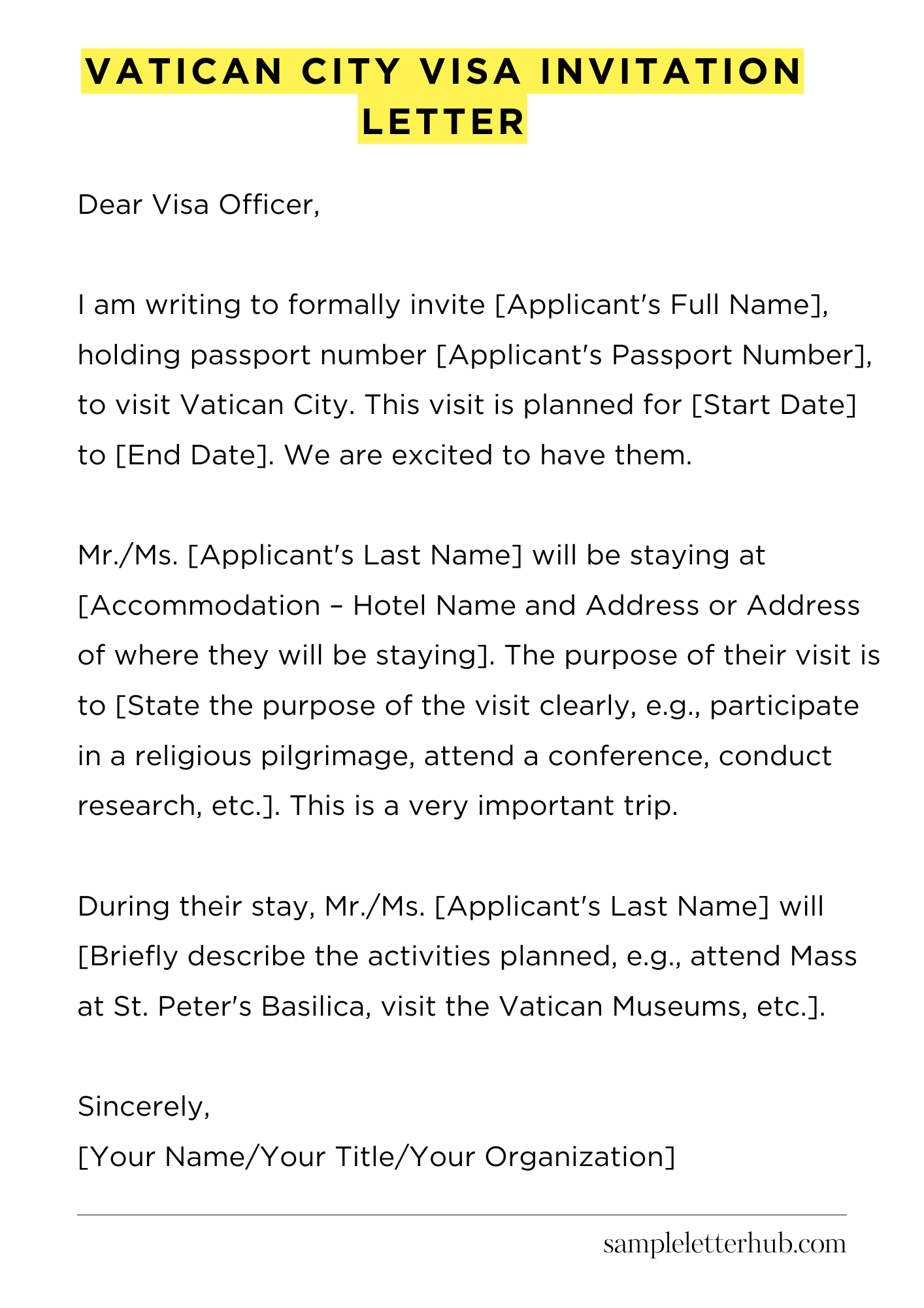 Vatican City Visa Invitation Letter