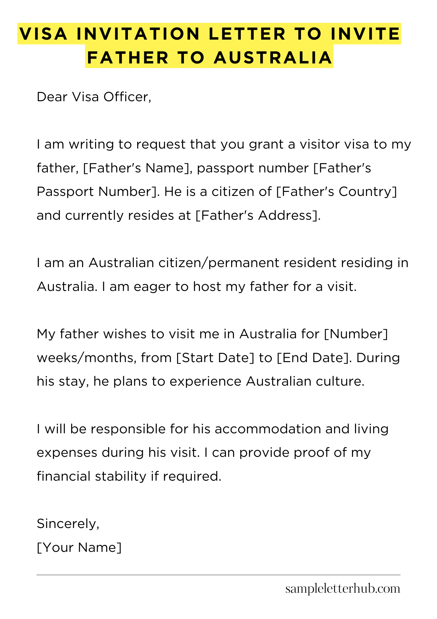 Visa Invitation Letter to Invite Father to Australia