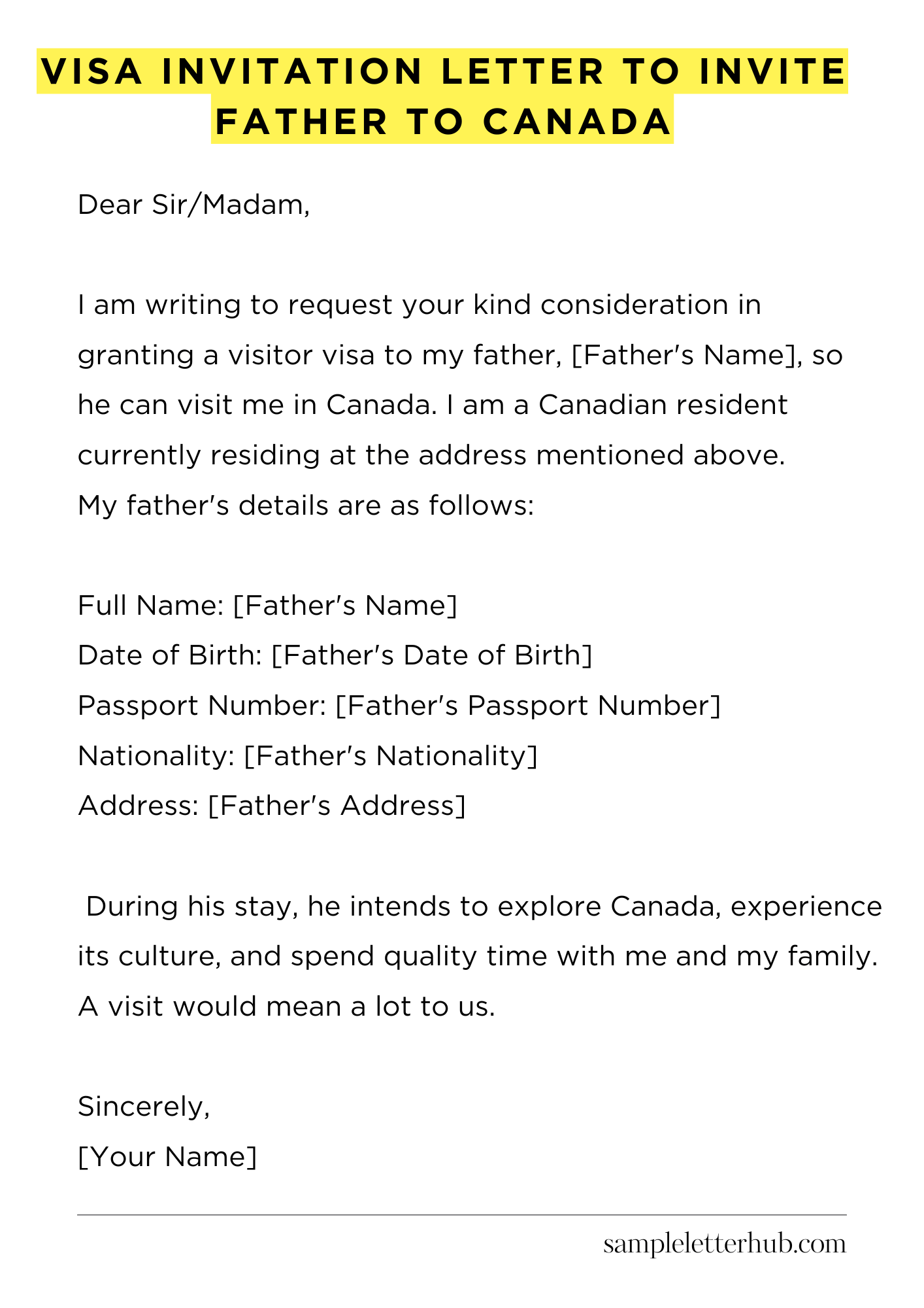 Visa Invitation Letter to Invite Father to Canada