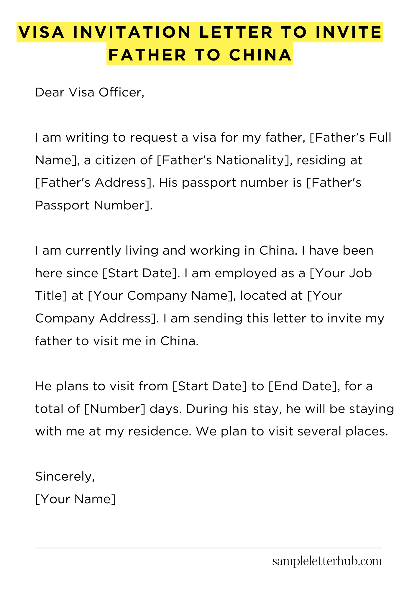 Visa Invitation Letter to Invite Father to China