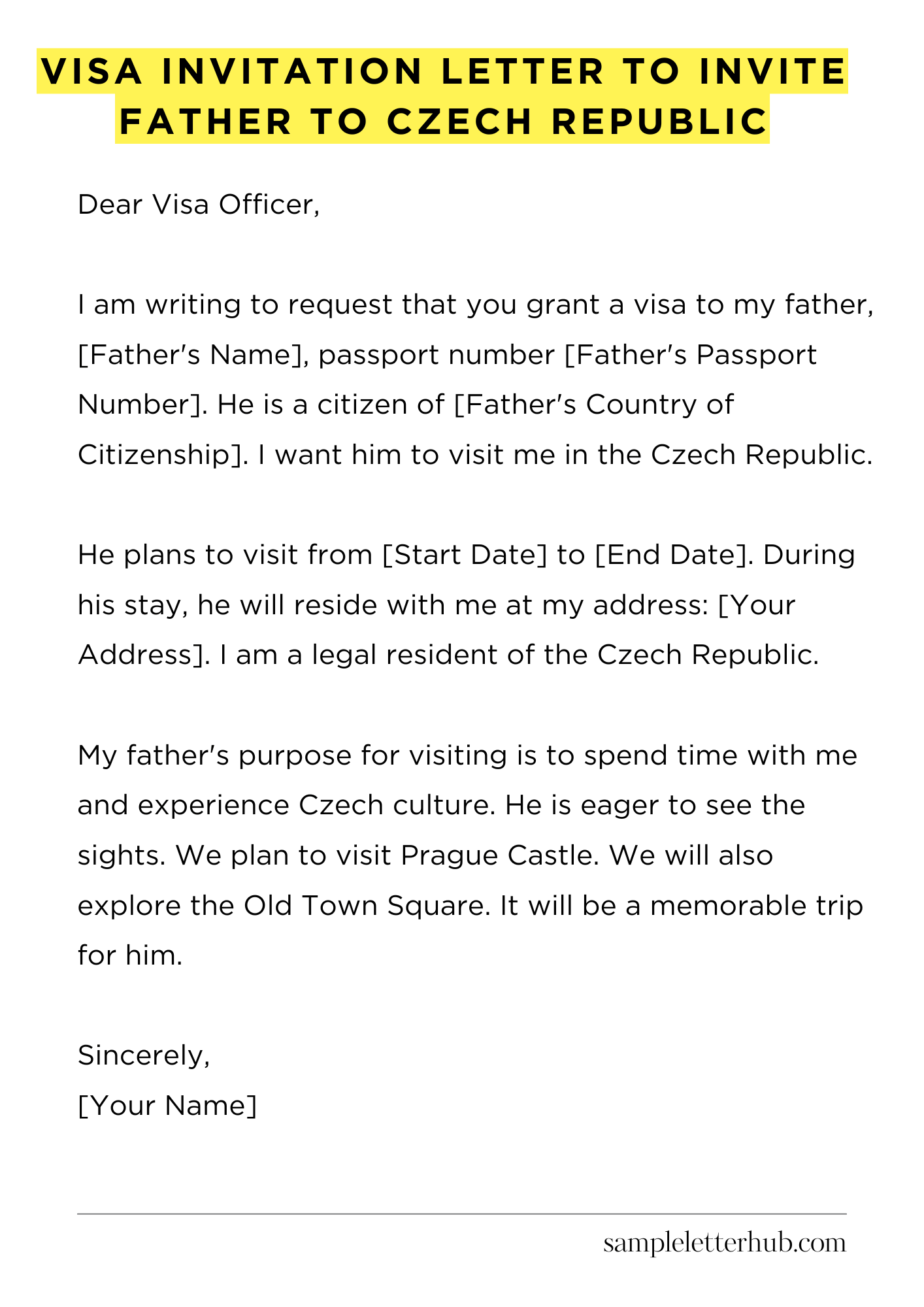 Visa Invitation Letter to Invite Father to Czech Republic