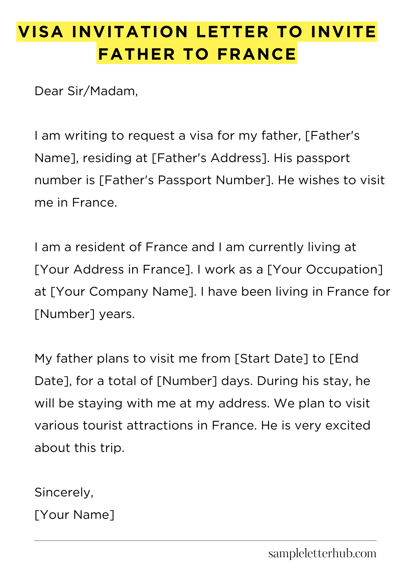 Visa Invitation Letter to Invite Father to France