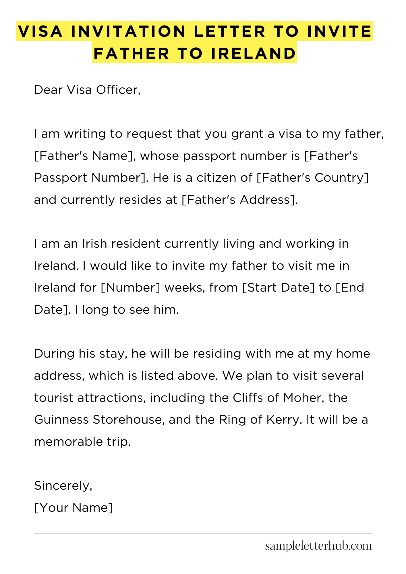Visa Invitation Letter to Invite Father to Ireland