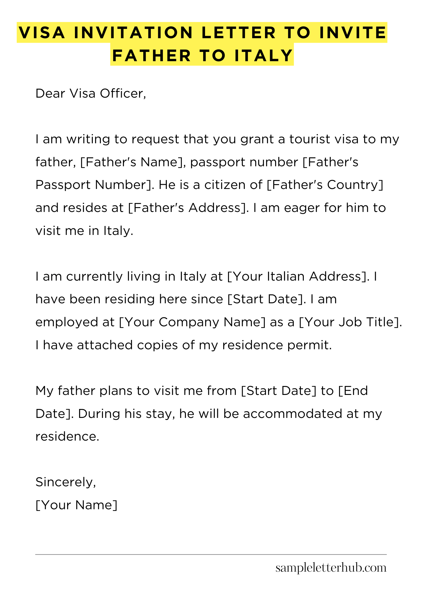 Visa Invitation Letter to Invite Father to Italy