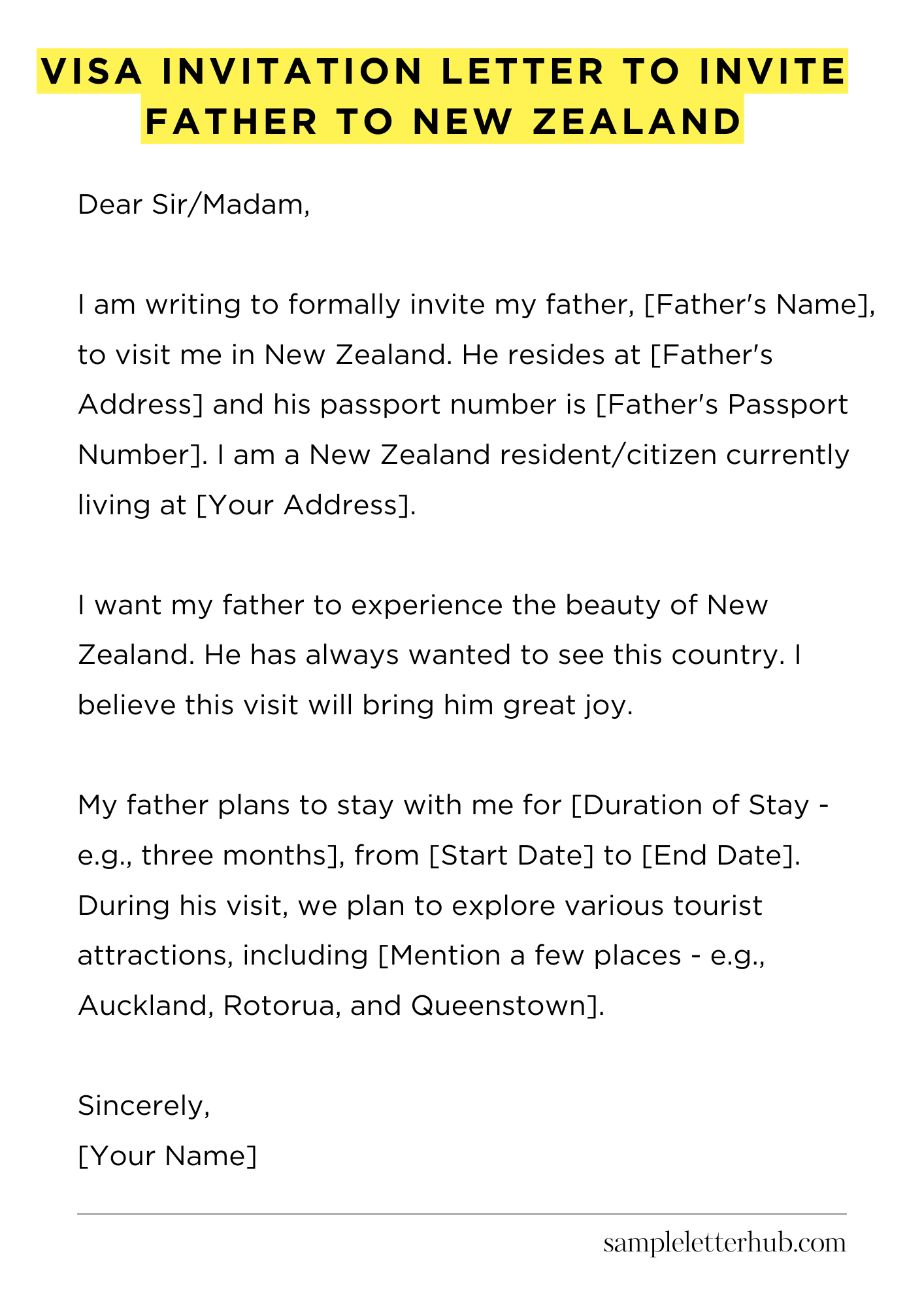 Visa Invitation Letter to Invite Father to New Zealand