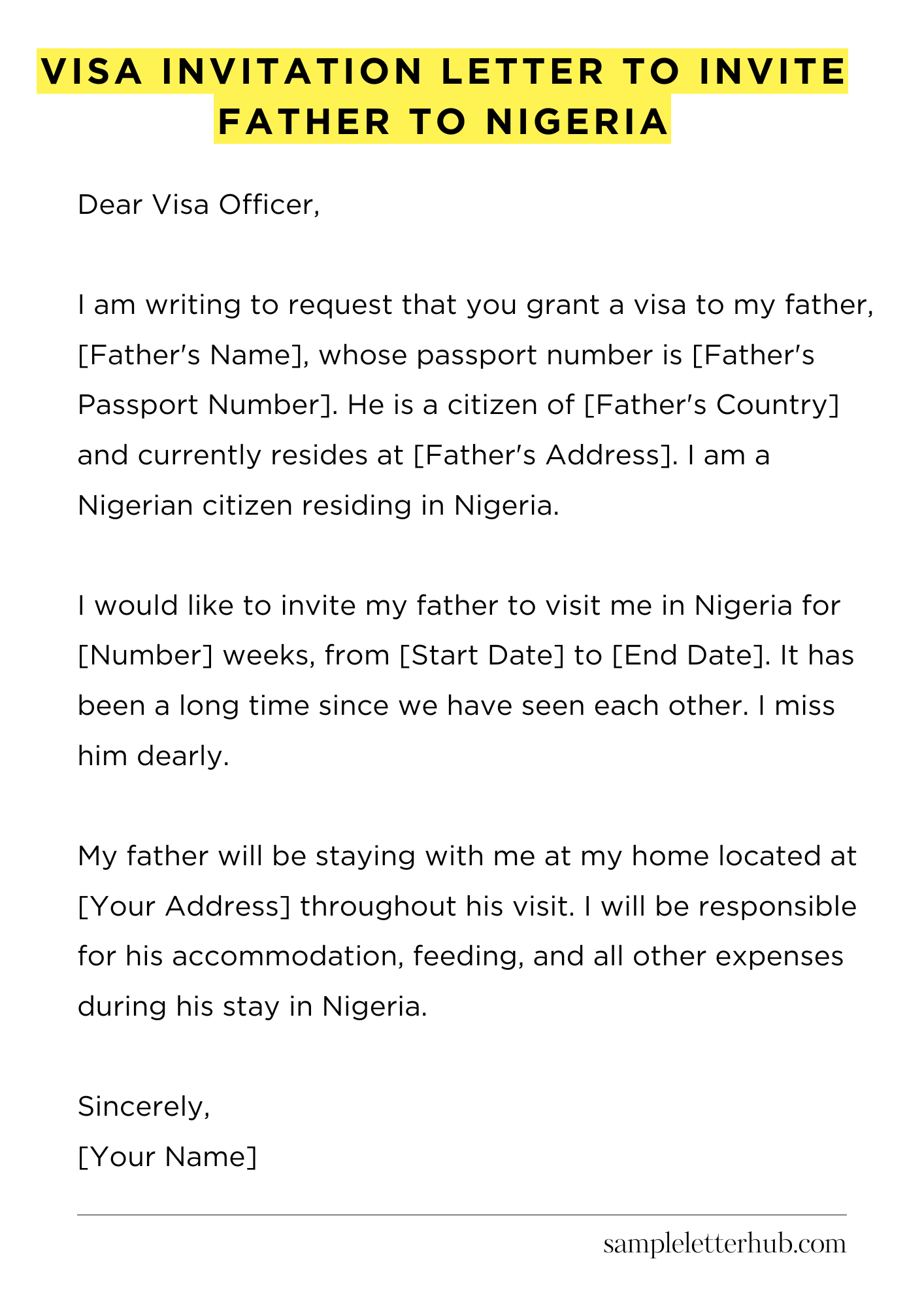 Visa Invitation Letter to Invite Father to Nigeria