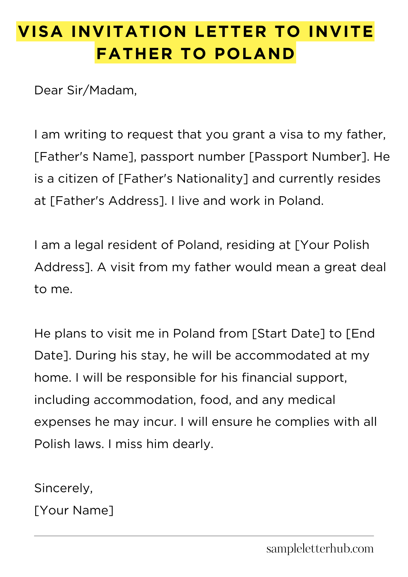 Visa Invitation Letter to Invite Father to Poland