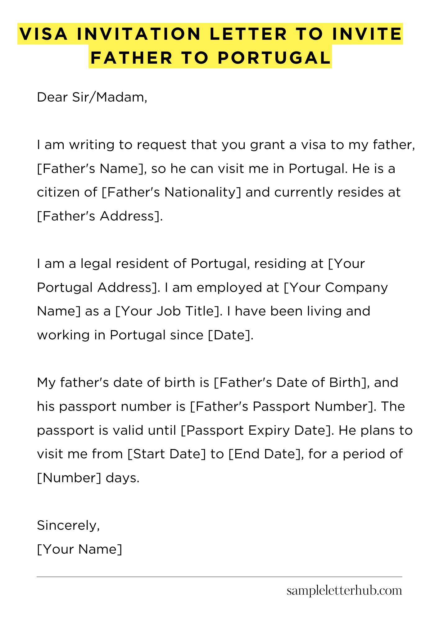 Visa Invitation Letter to Invite Father to Portugal