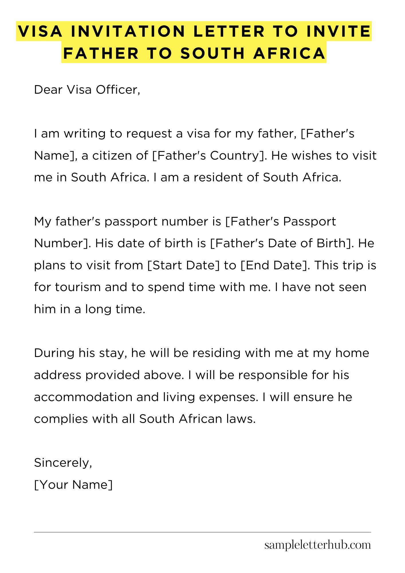 Visa Invitation Letter to Invite Father to South Africa