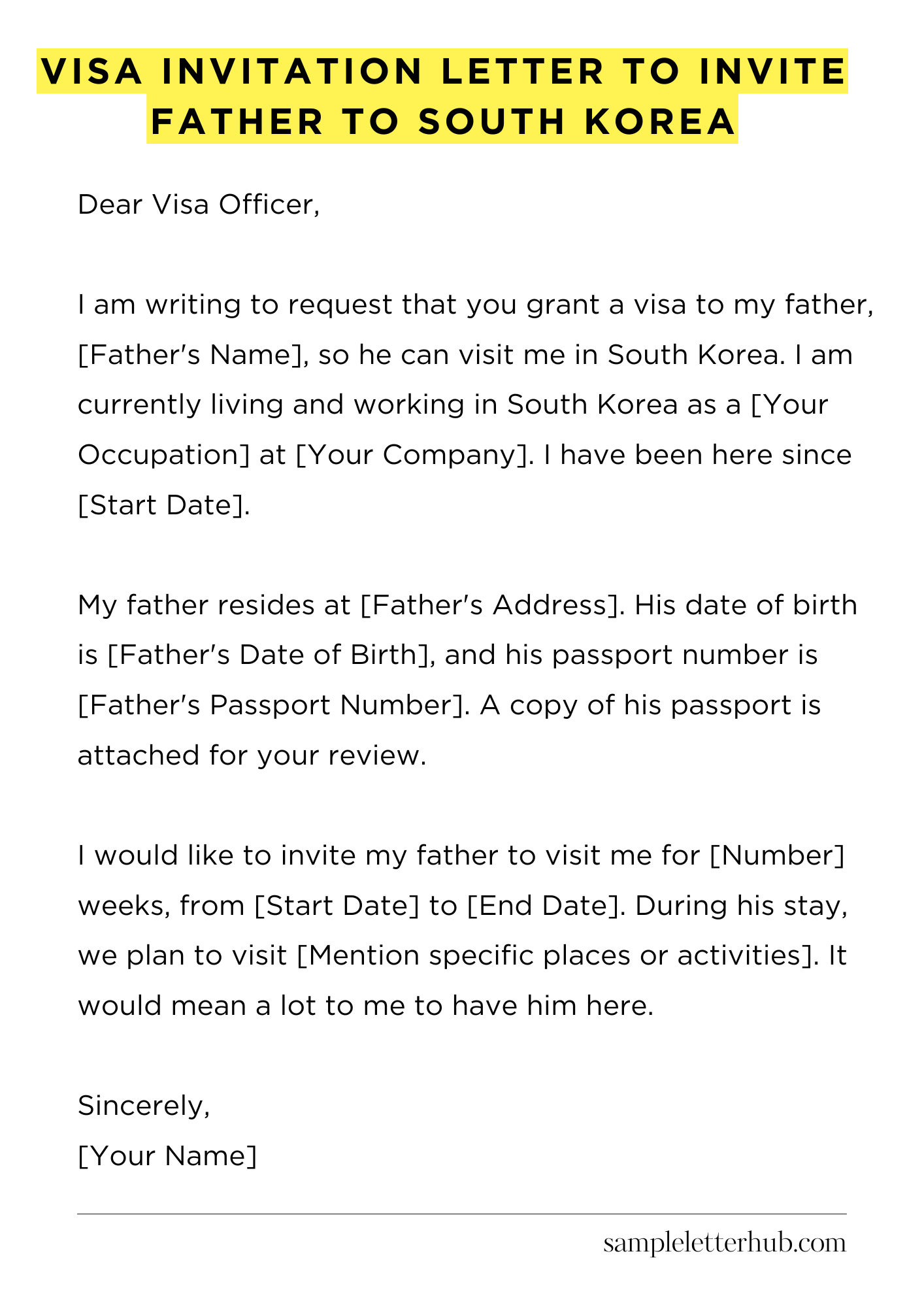 Visa Invitation Letter to Invite Father to South Korea
