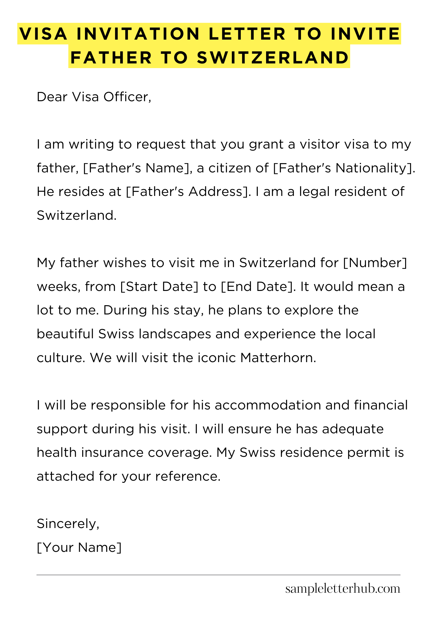 Visa Invitation Letter to Invite Father to Switzerland