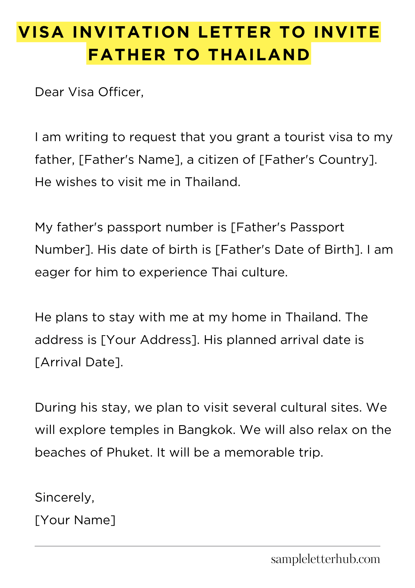 Visa Invitation Letter to Invite Father to Thailand