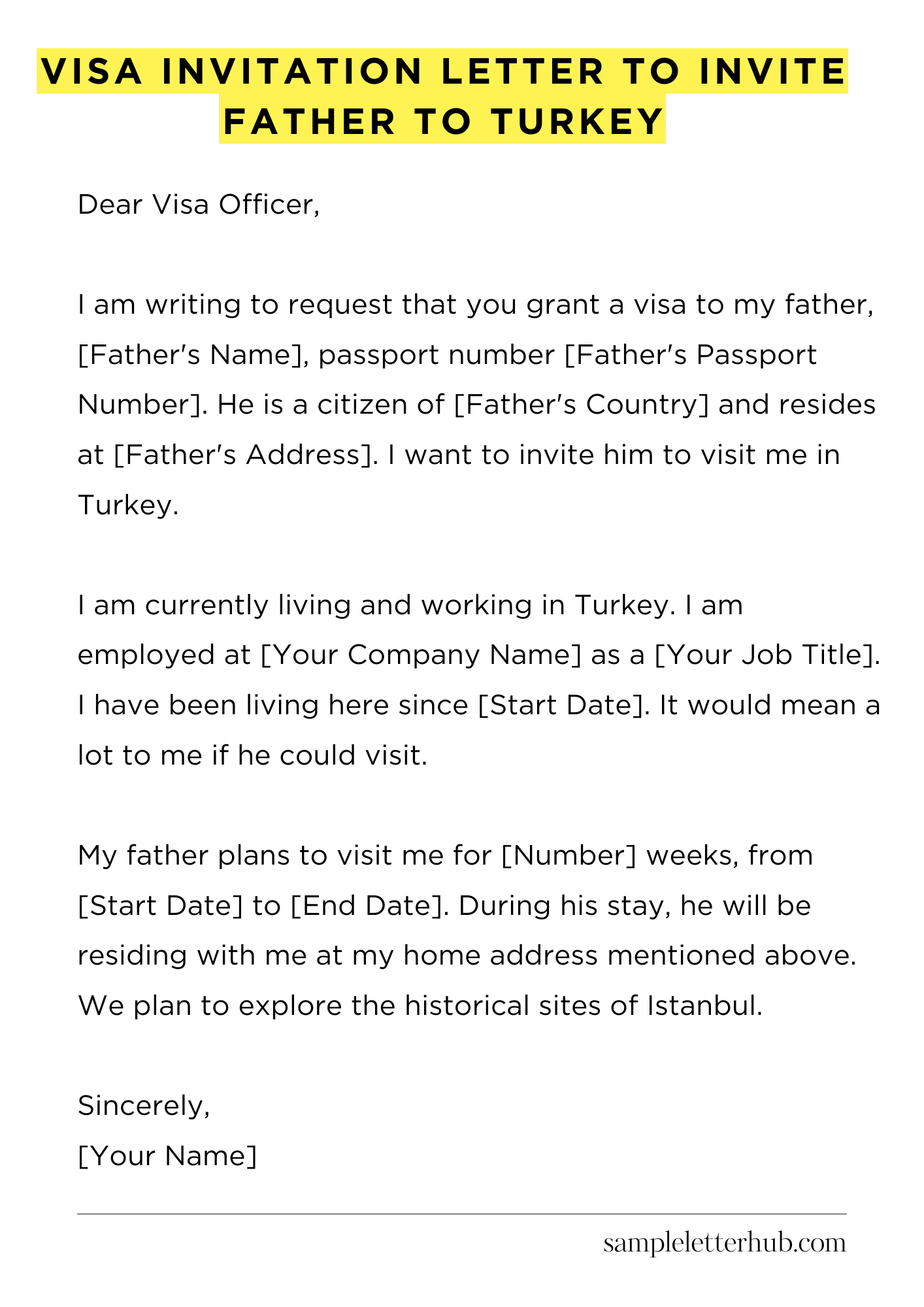 Visa Invitation Letter to Invite Father to Turkey