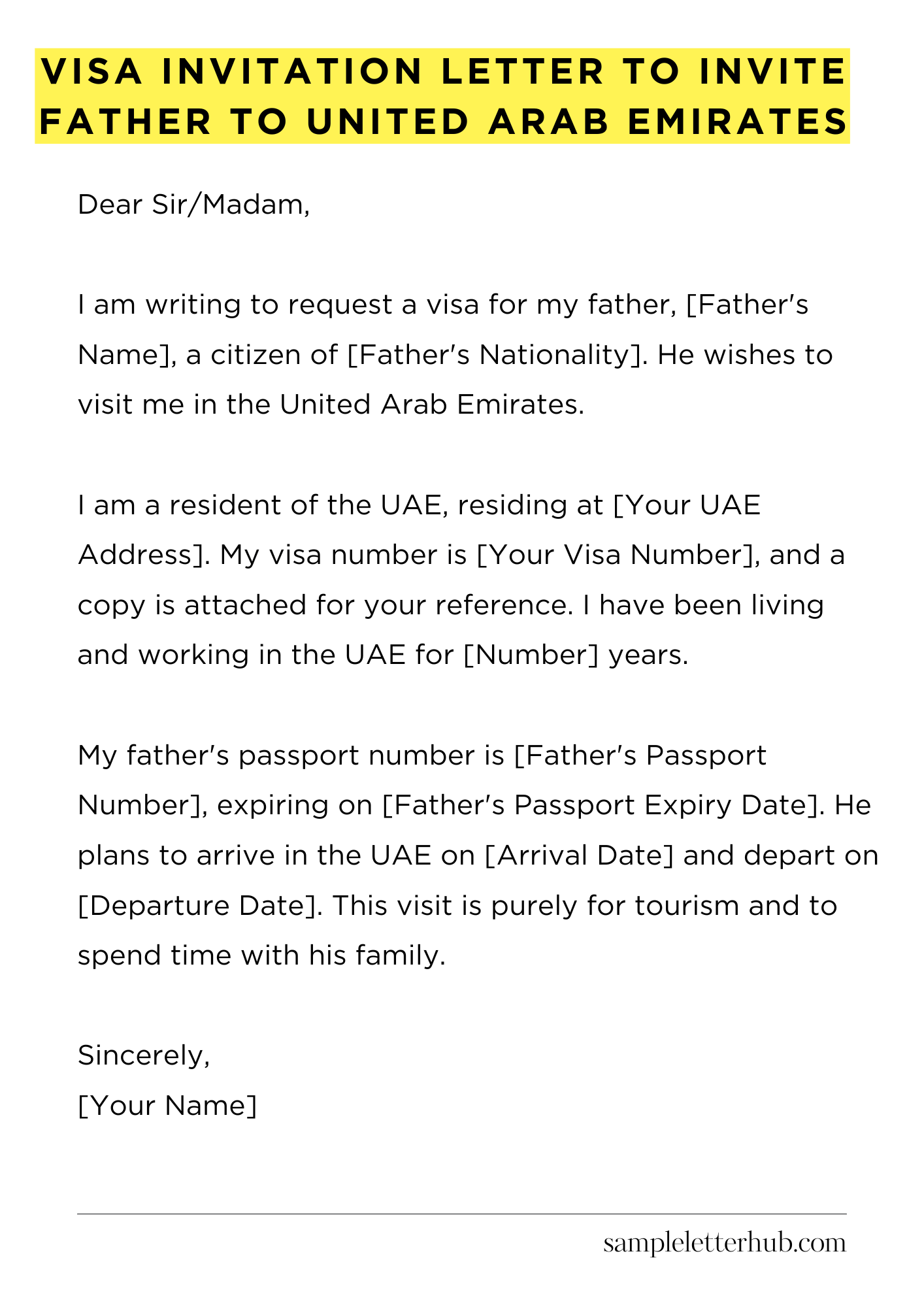 Visa Invitation Letter to Invite Father to United Arab Emirates
