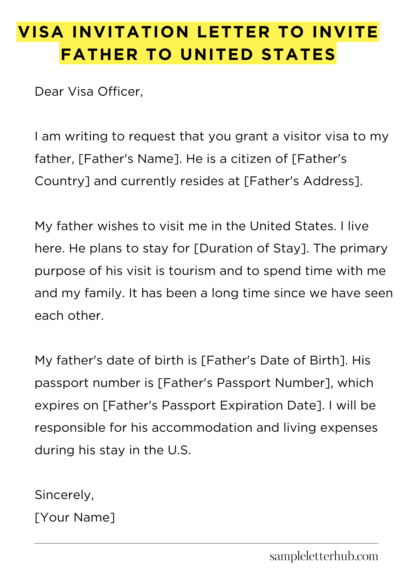 Visa Invitation Letter to Invite Father to United States