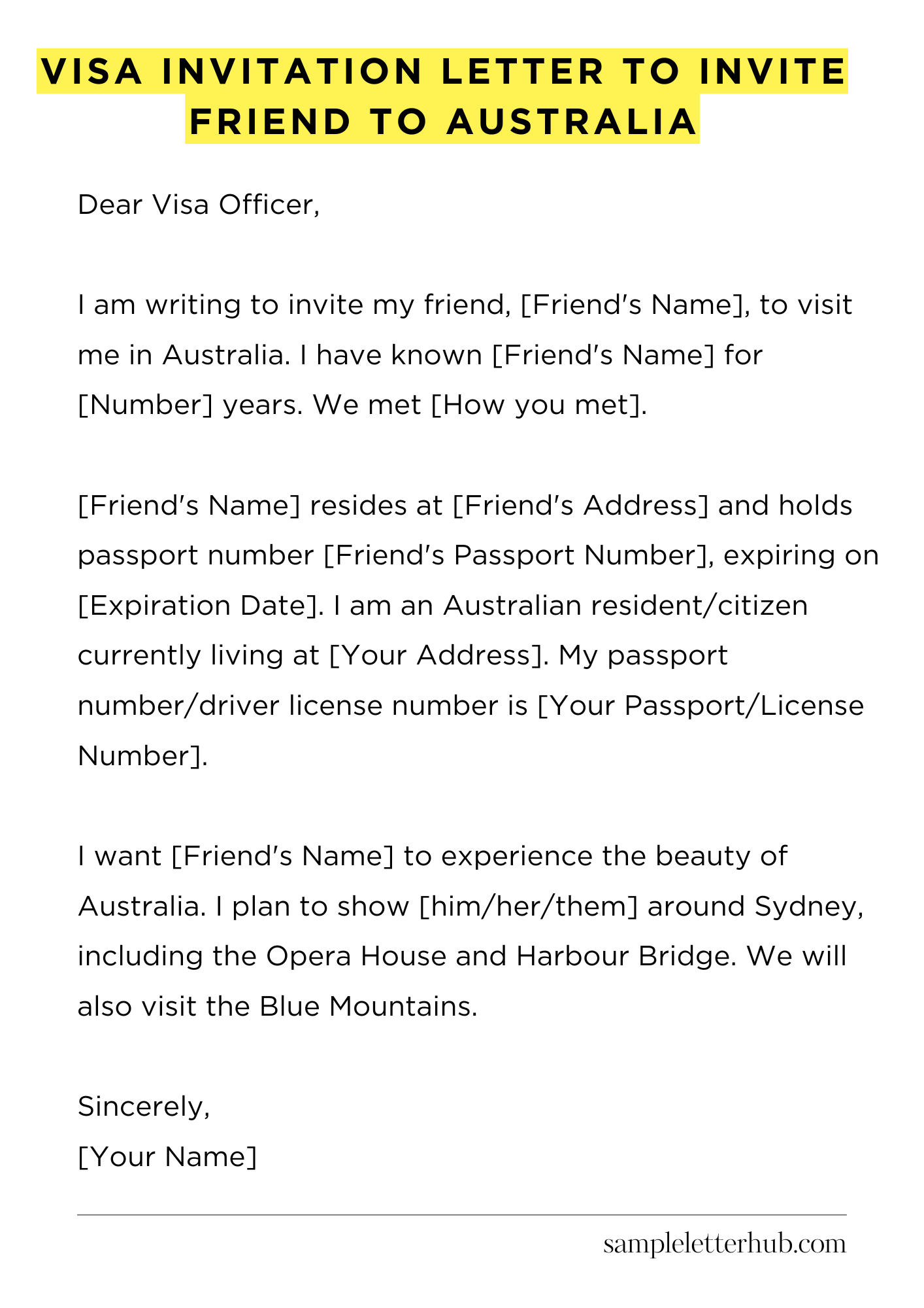 Visa Invitation Letter to Invite Friend to Australia