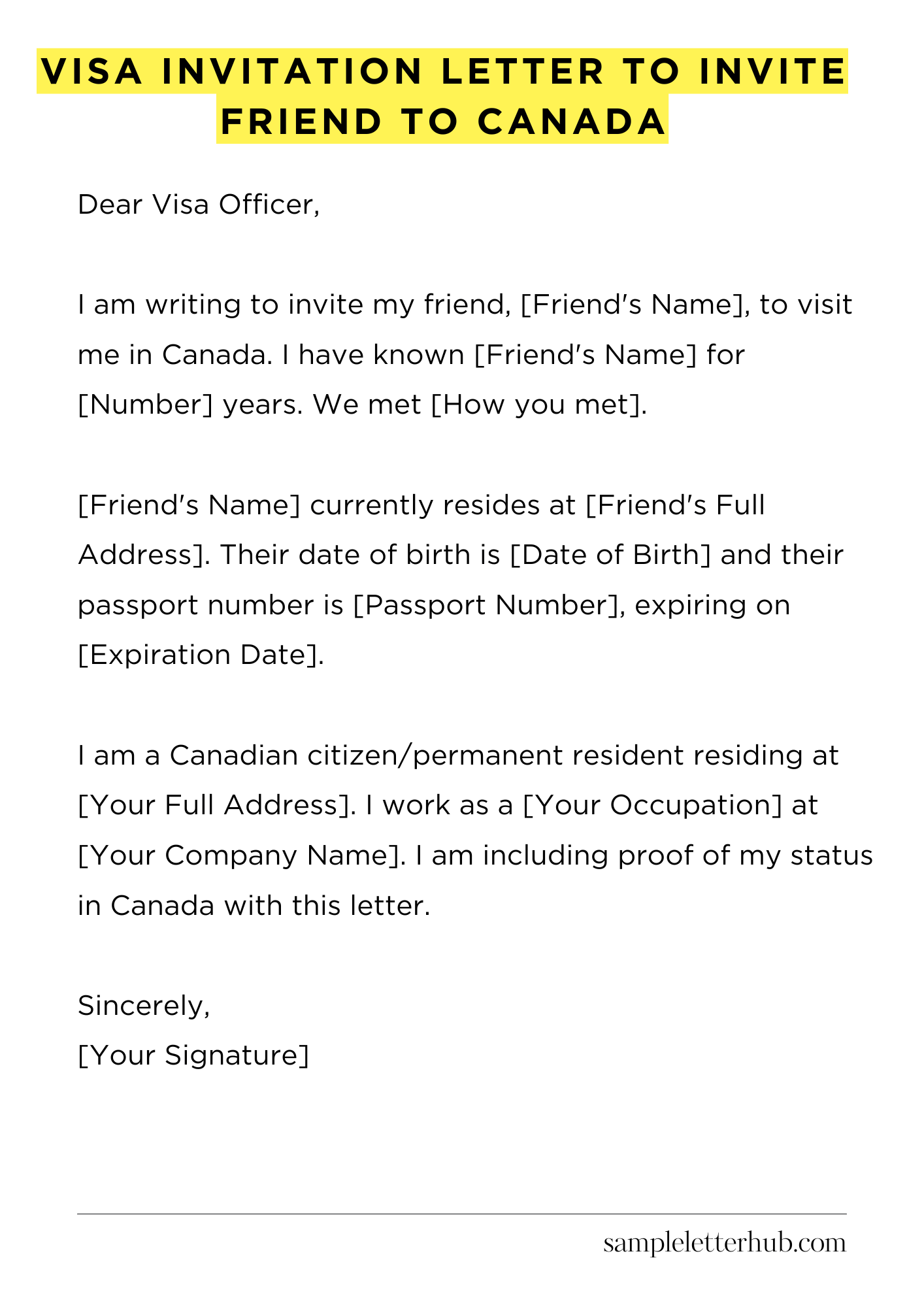Visa Invitation Letter to Invite Friend to Canada