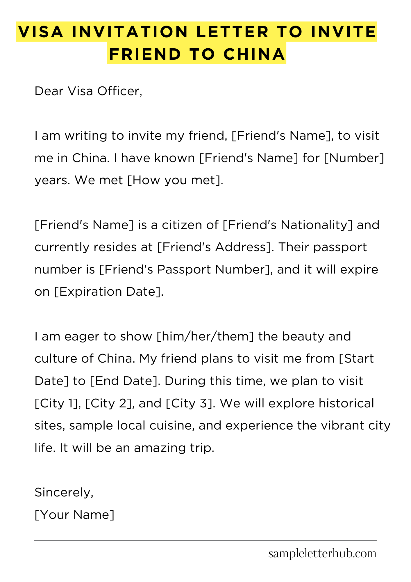 Visa Invitation Letter to Invite Friend to China