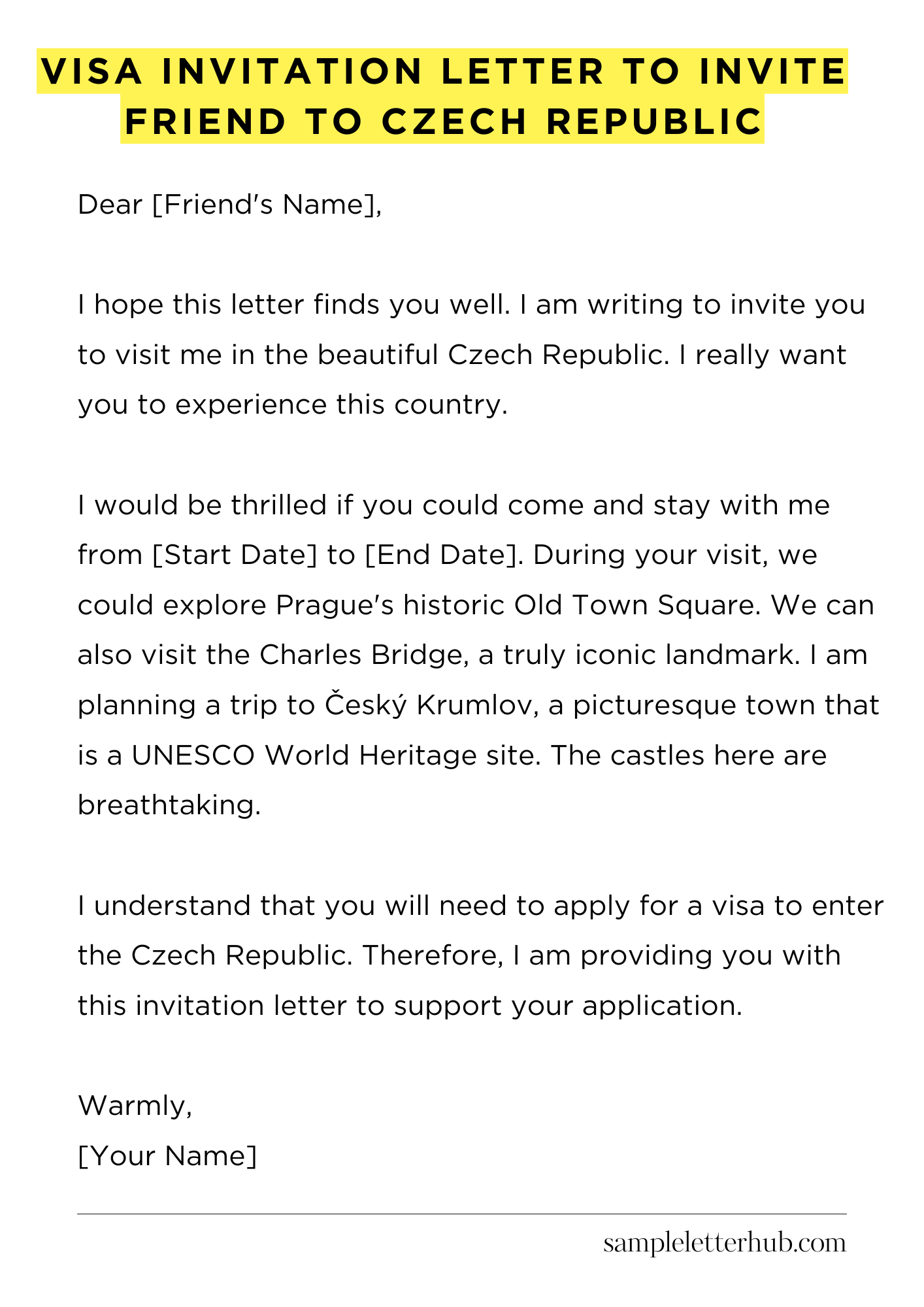Visa Invitation Letter to Invite Friend to Czech Republic