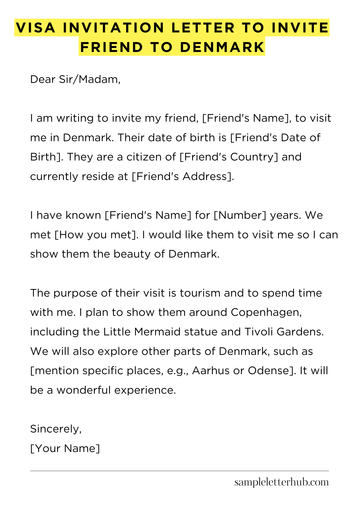 Visa Invitation Letter to Invite Friend to Denmark