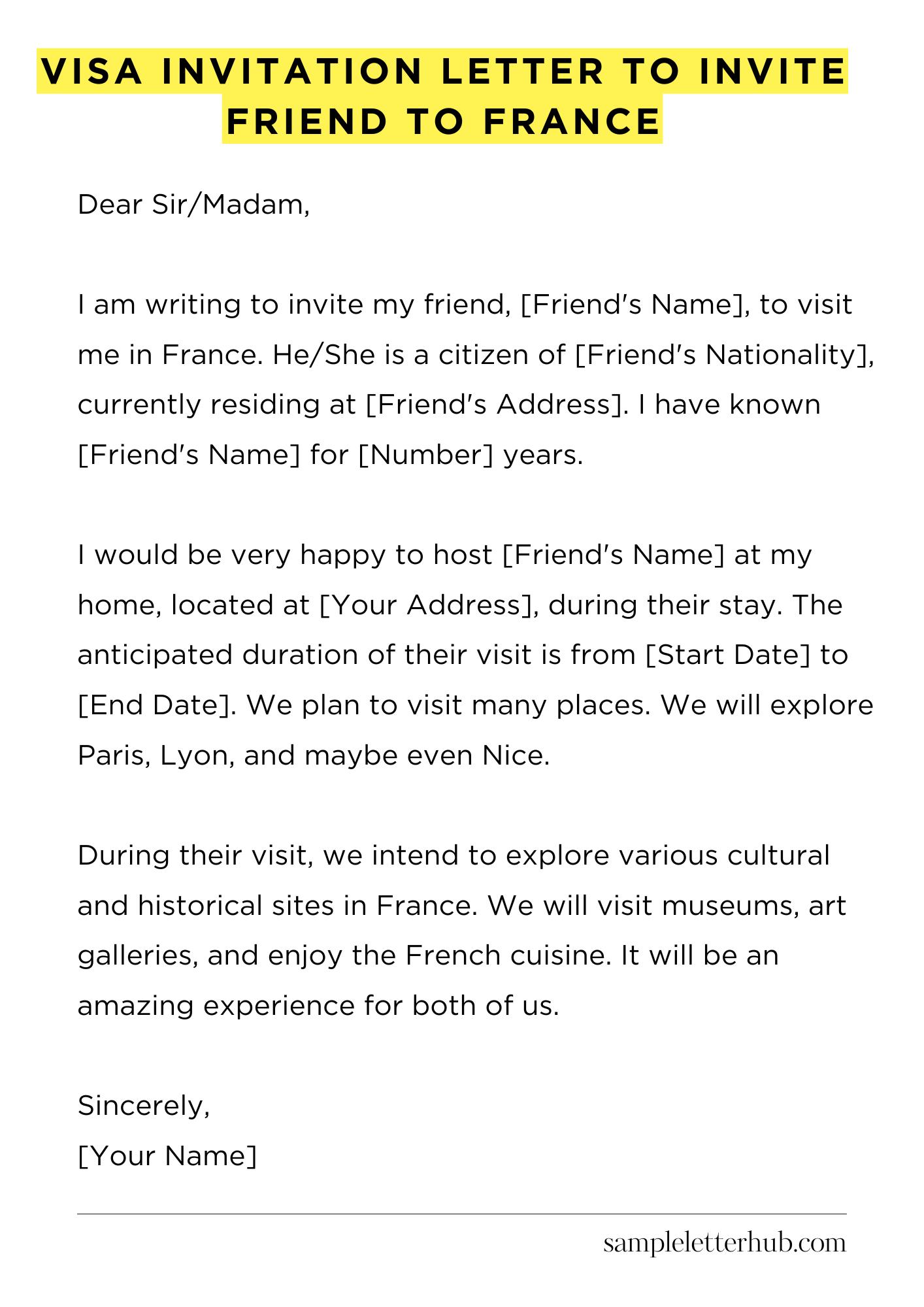 Visa Invitation Letter to Invite Friend to France