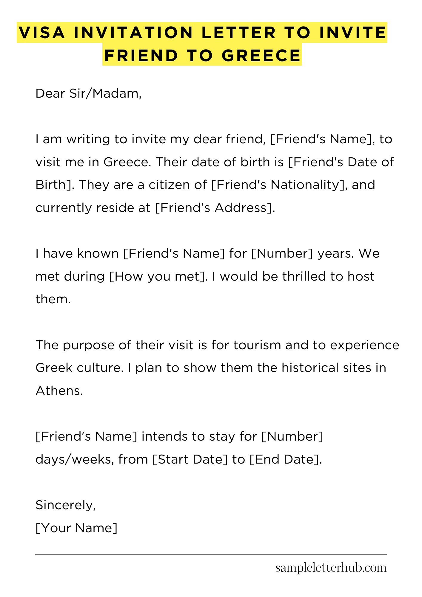 Visa Invitation Letter to Invite Friend to Greece