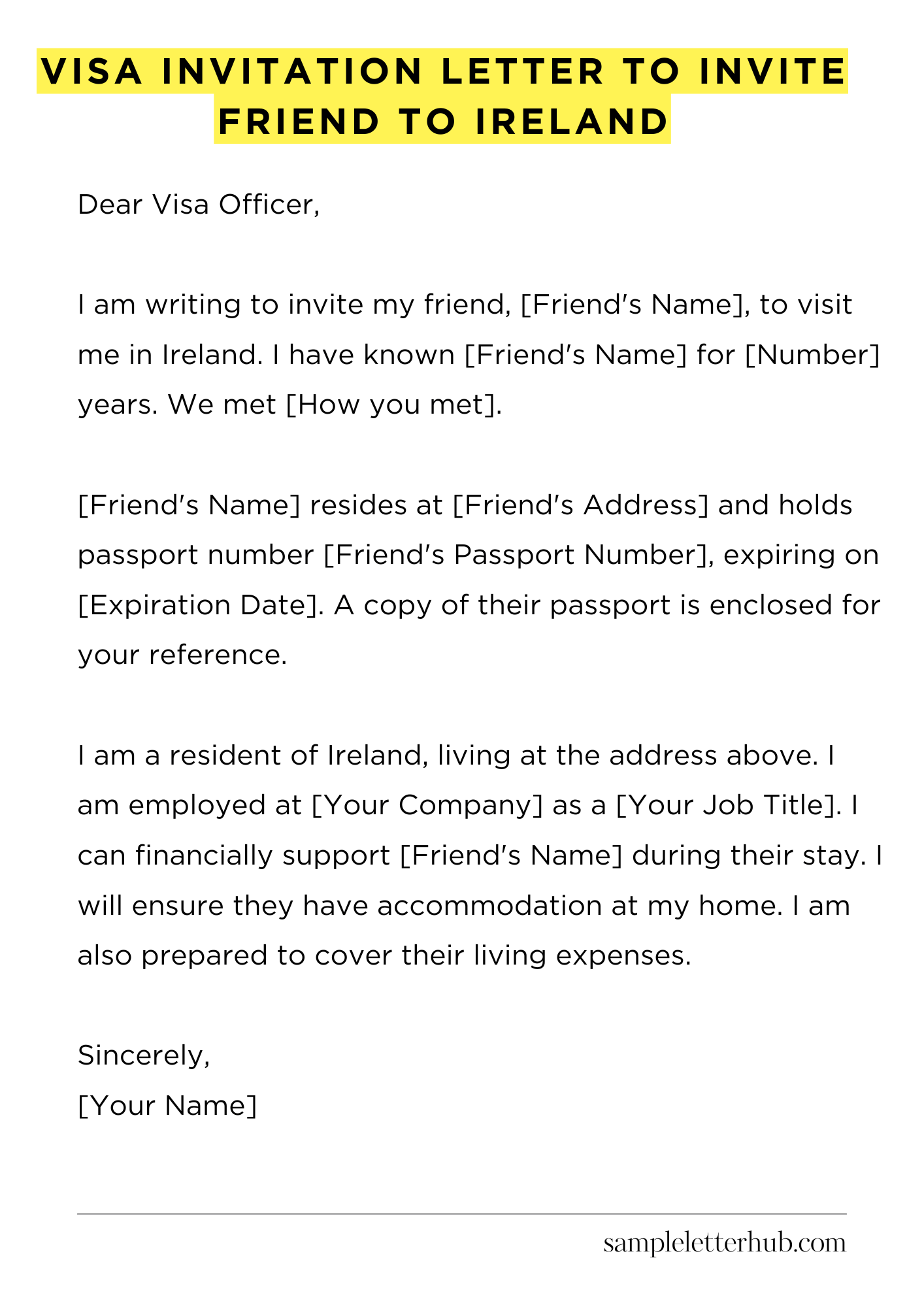 Visa Invitation Letter to Invite Friend to Ireland