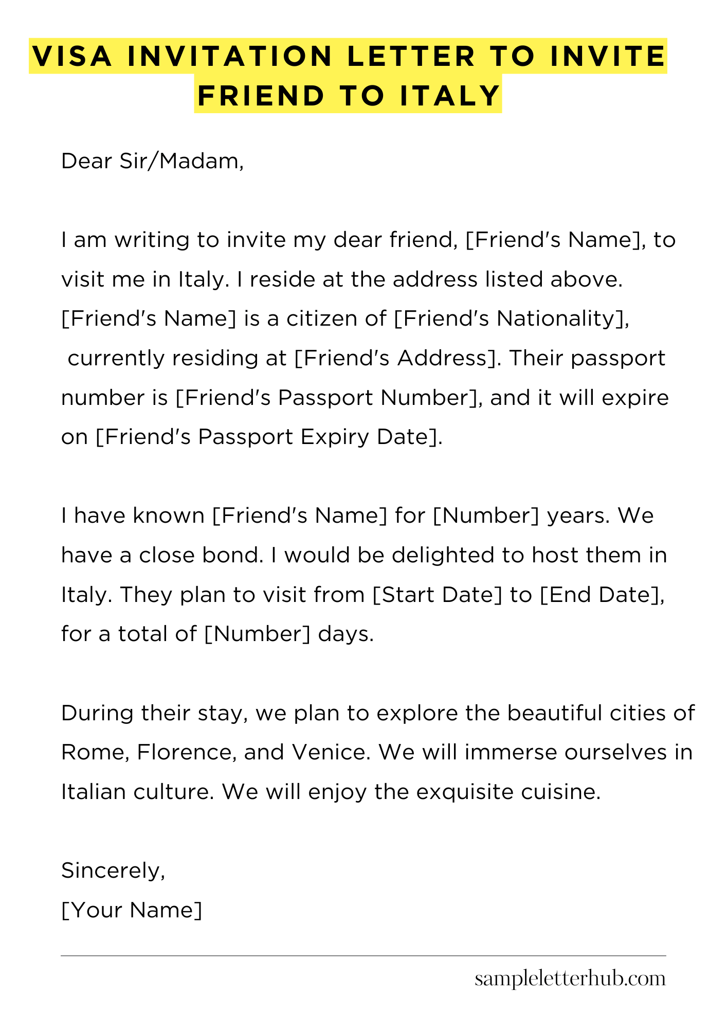 Visa Invitation Letter to Invite Friend to Italy