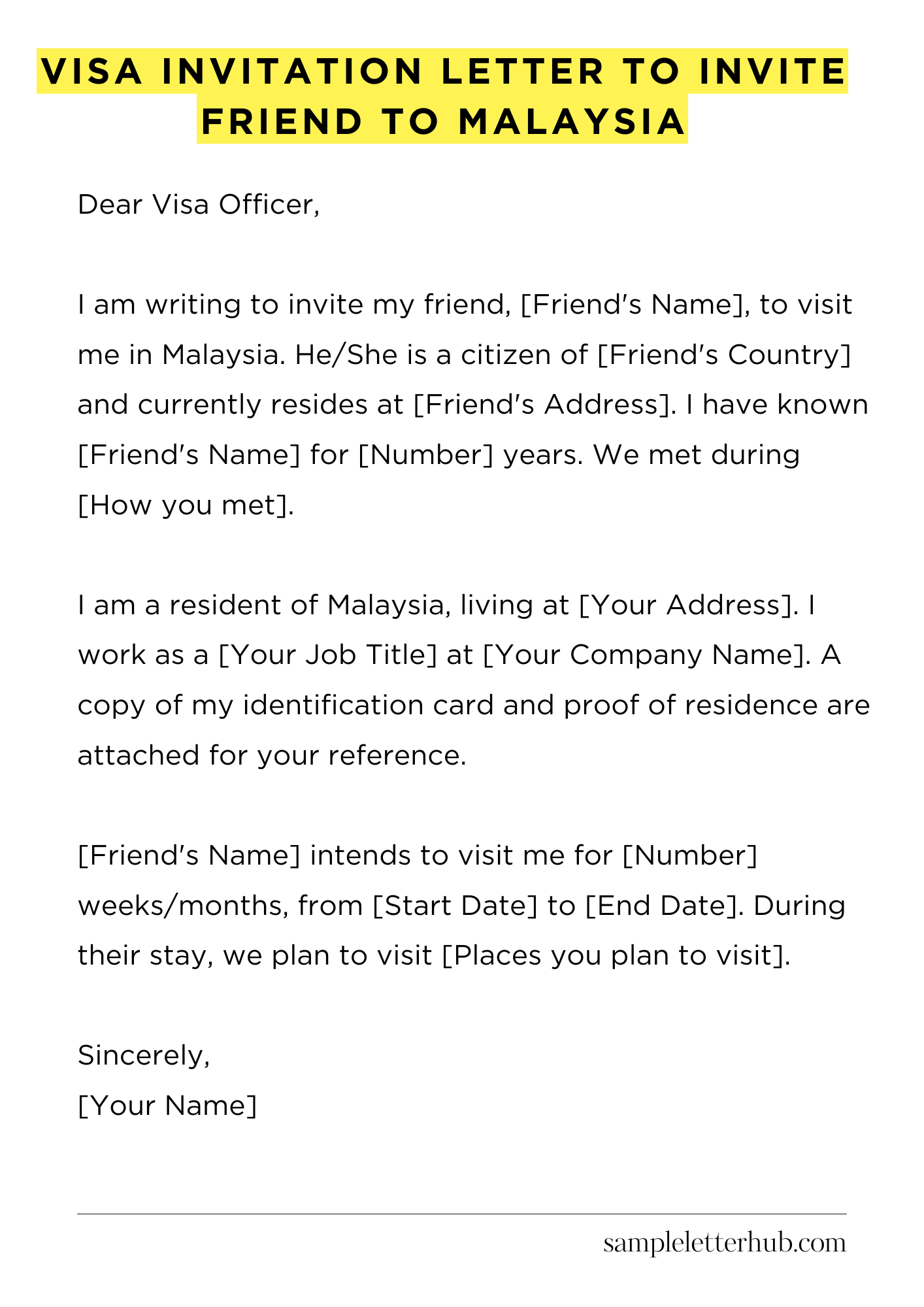 Visa Invitation Letter to Invite Friend to Malaysia