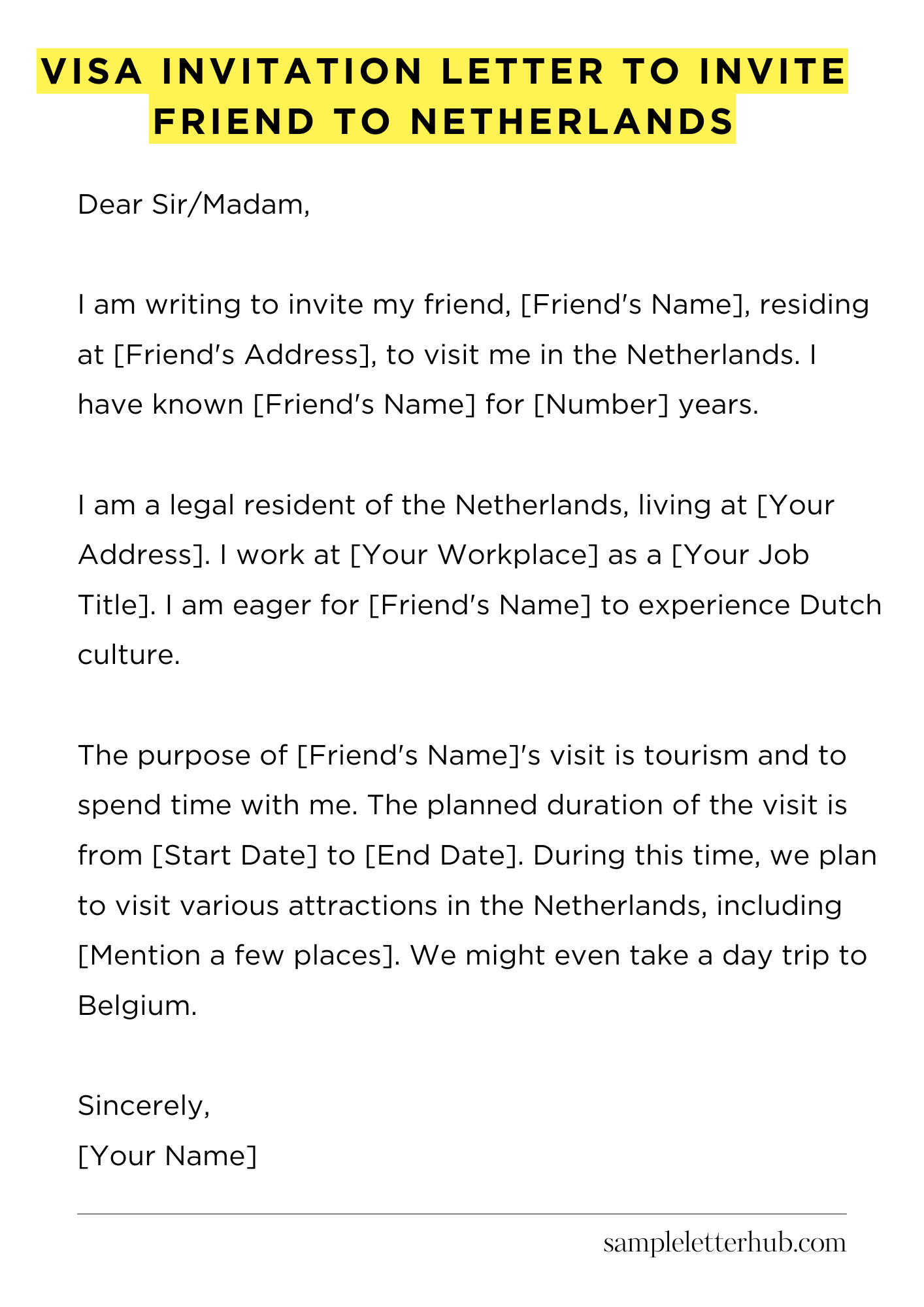 Visa Invitation Letter to Invite Friend to Netherlands