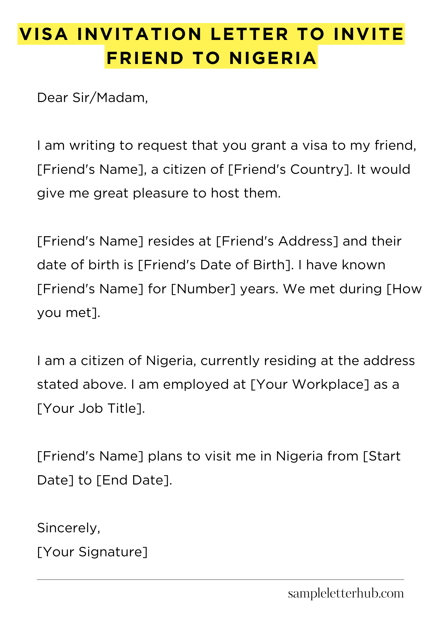 Visa Invitation Letter to Invite Friend to Nigeria