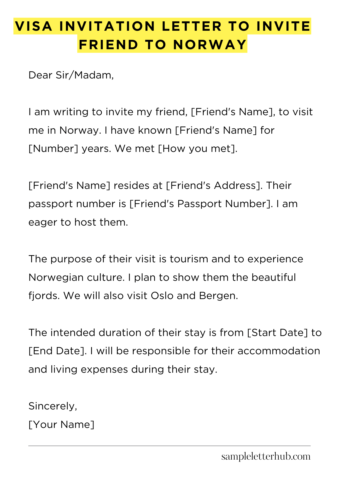 Visa Invitation Letter to Invite Friend to Norway