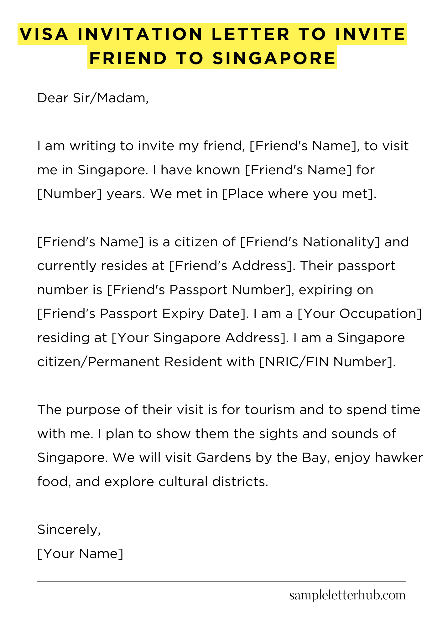 Visa Invitation Letter to Invite Friend to Singapore