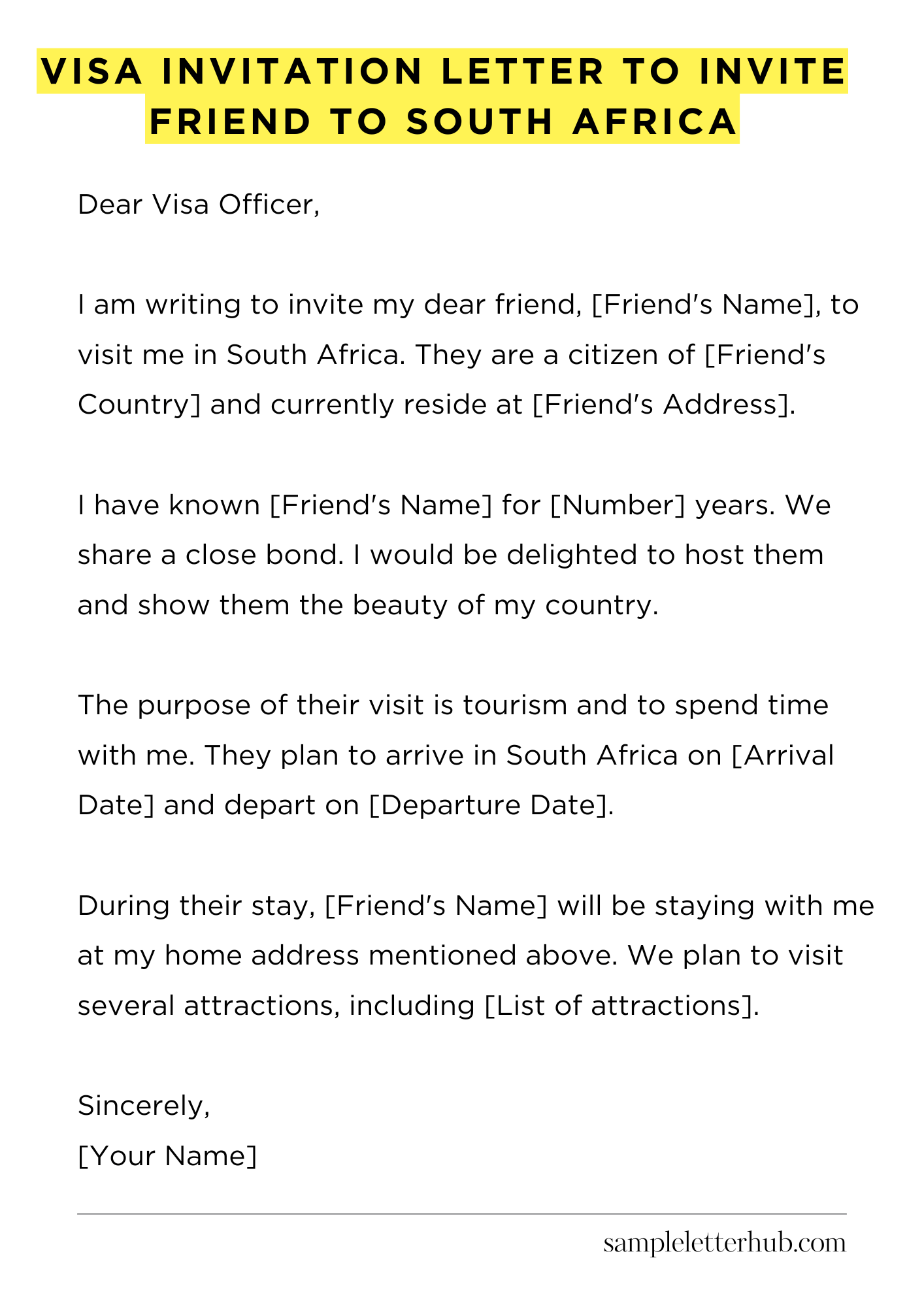 Visa Invitation Letter to Invite Friend to South Africa