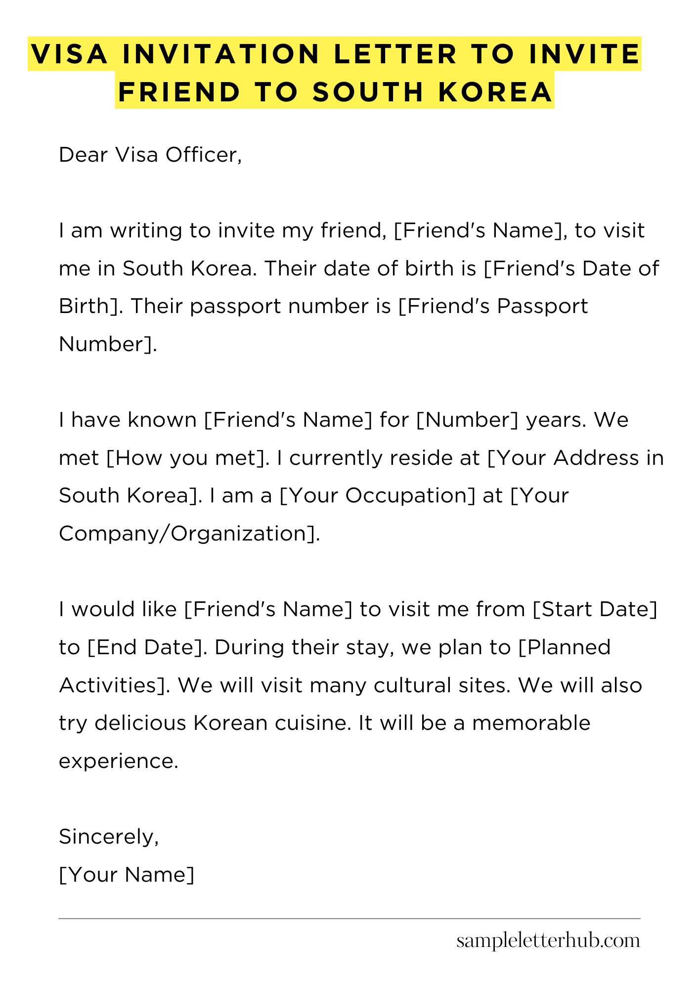 Visa Invitation Letter to Invite Friend to South Korea