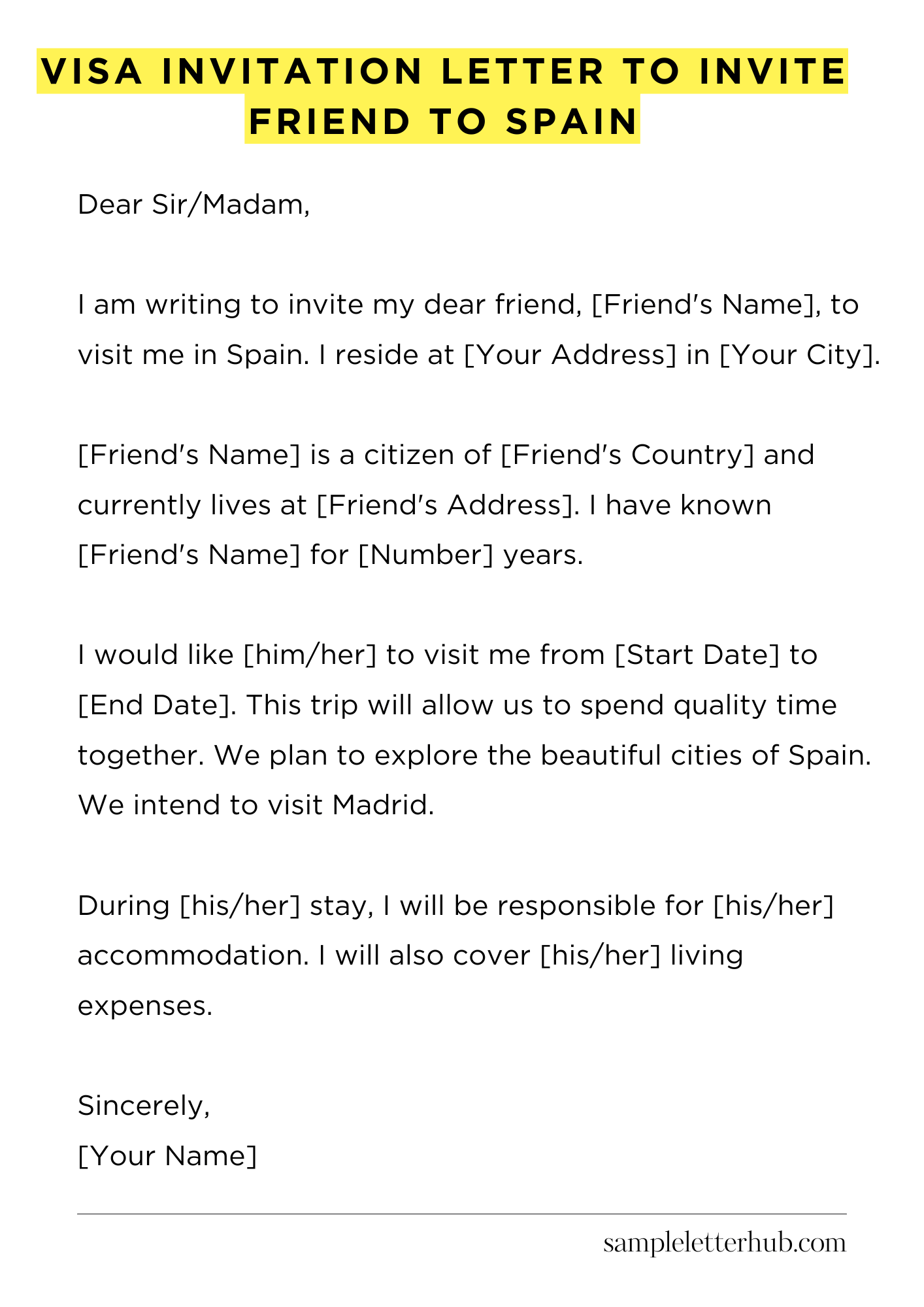 Visa Invitation Letter to Invite Friend to Spain