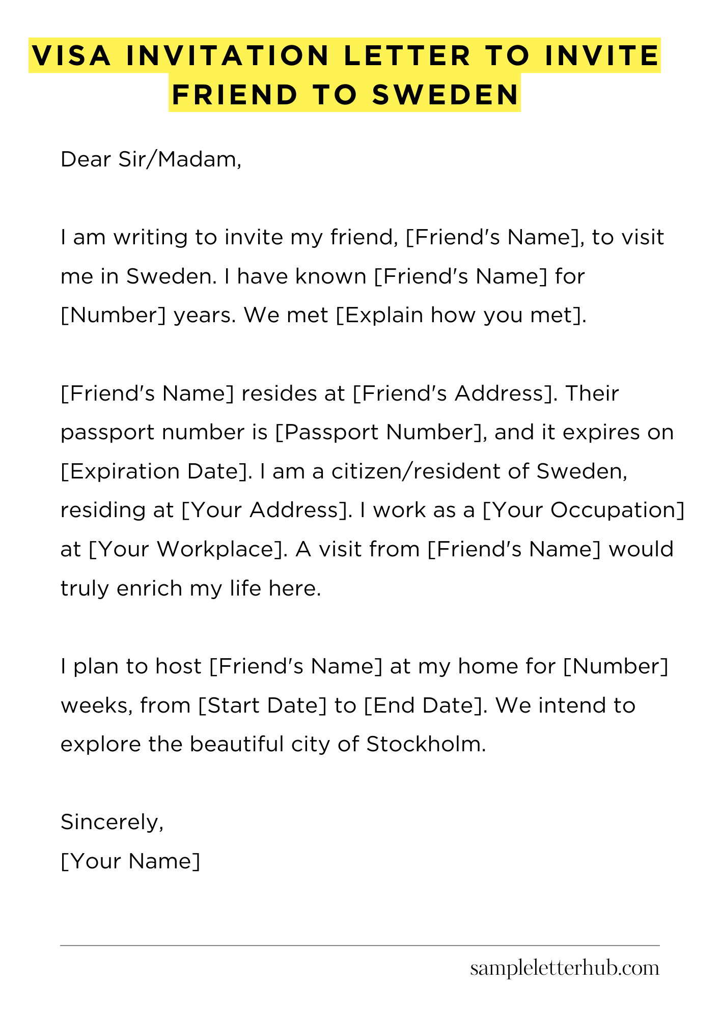 Visa Invitation Letter to Invite Friend to Sweden