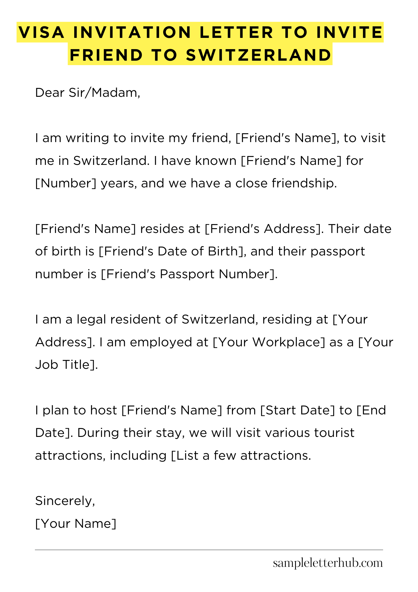 Visa Invitation Letter to Invite Friend to Switzerland