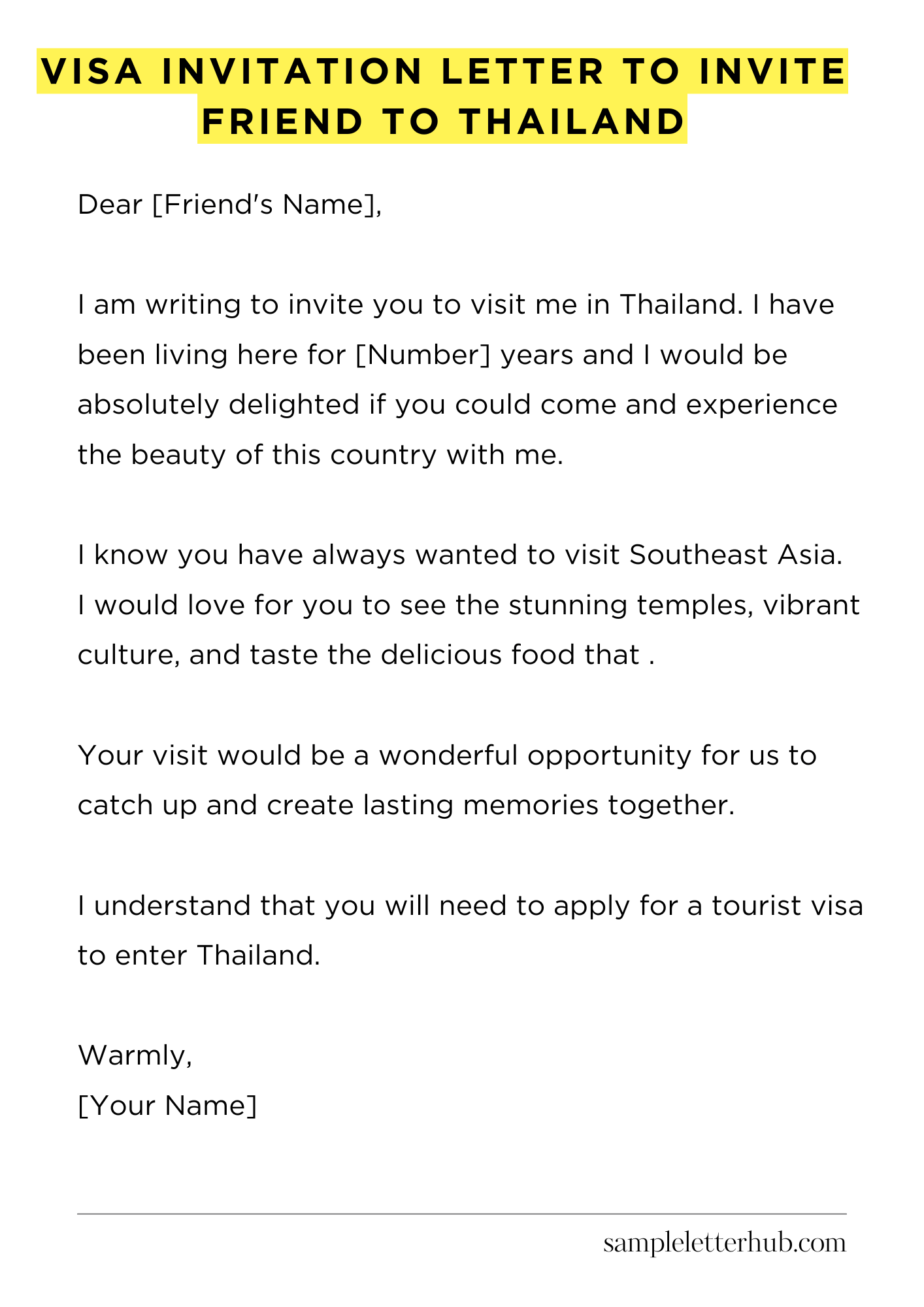Visa Invitation Letter to Invite Friend to Thailand