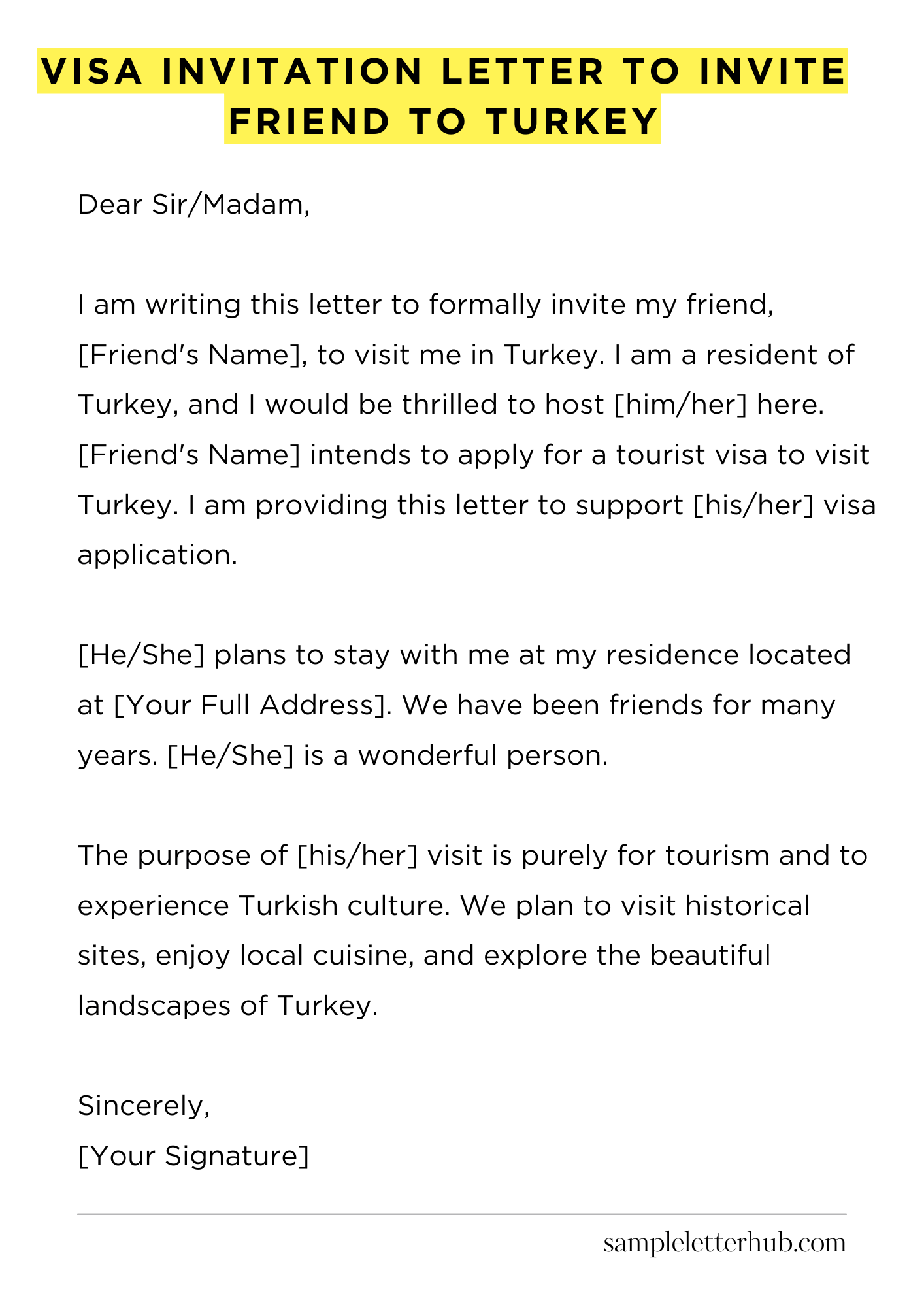 Visa Invitation Letter to Invite Friend to Turkey