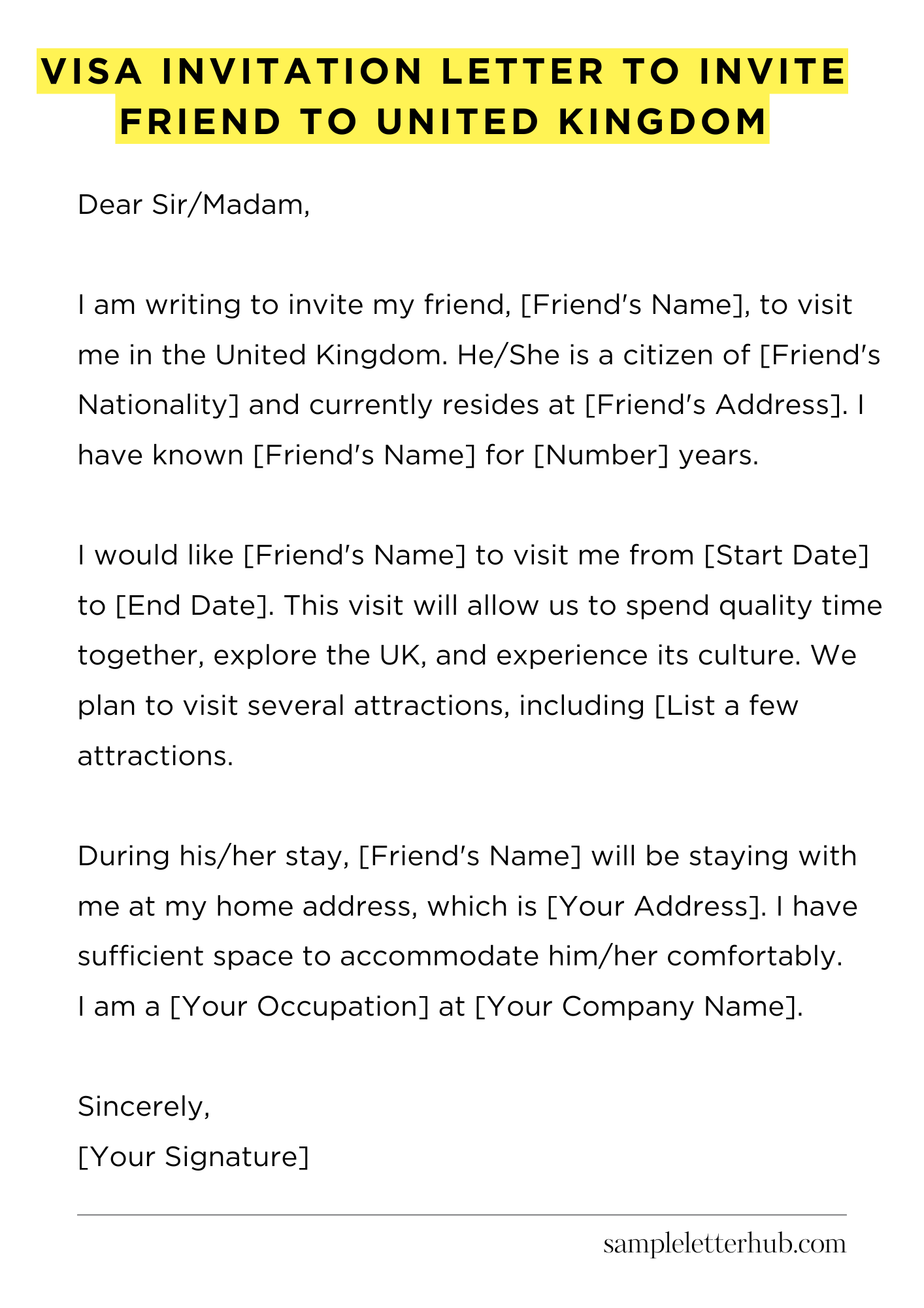 Visa Invitation Letter to Invite Friend to United Kingdom